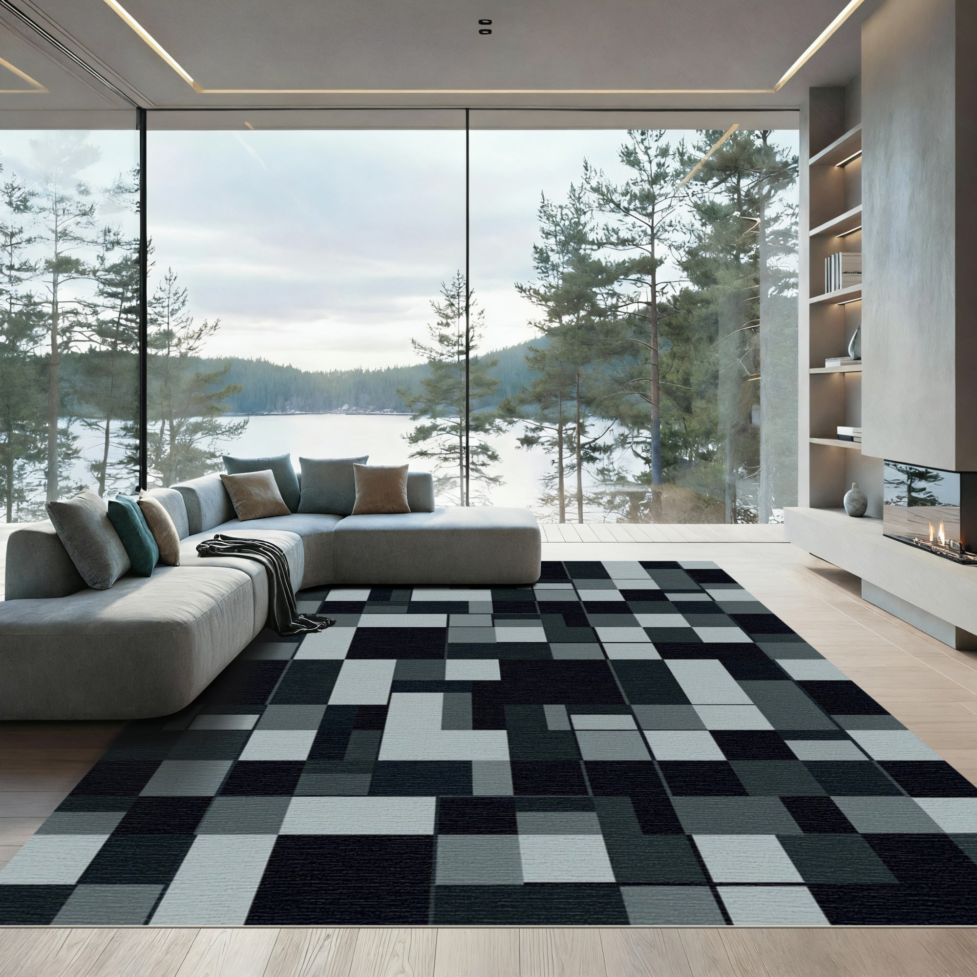 Monochromatic Gray Geometric Block Square Rug