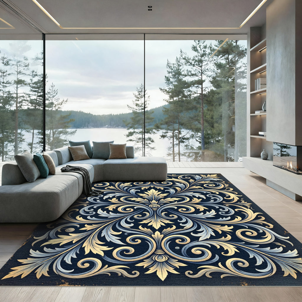 Ornate Gold and Navy Acanthus Scroll Rug