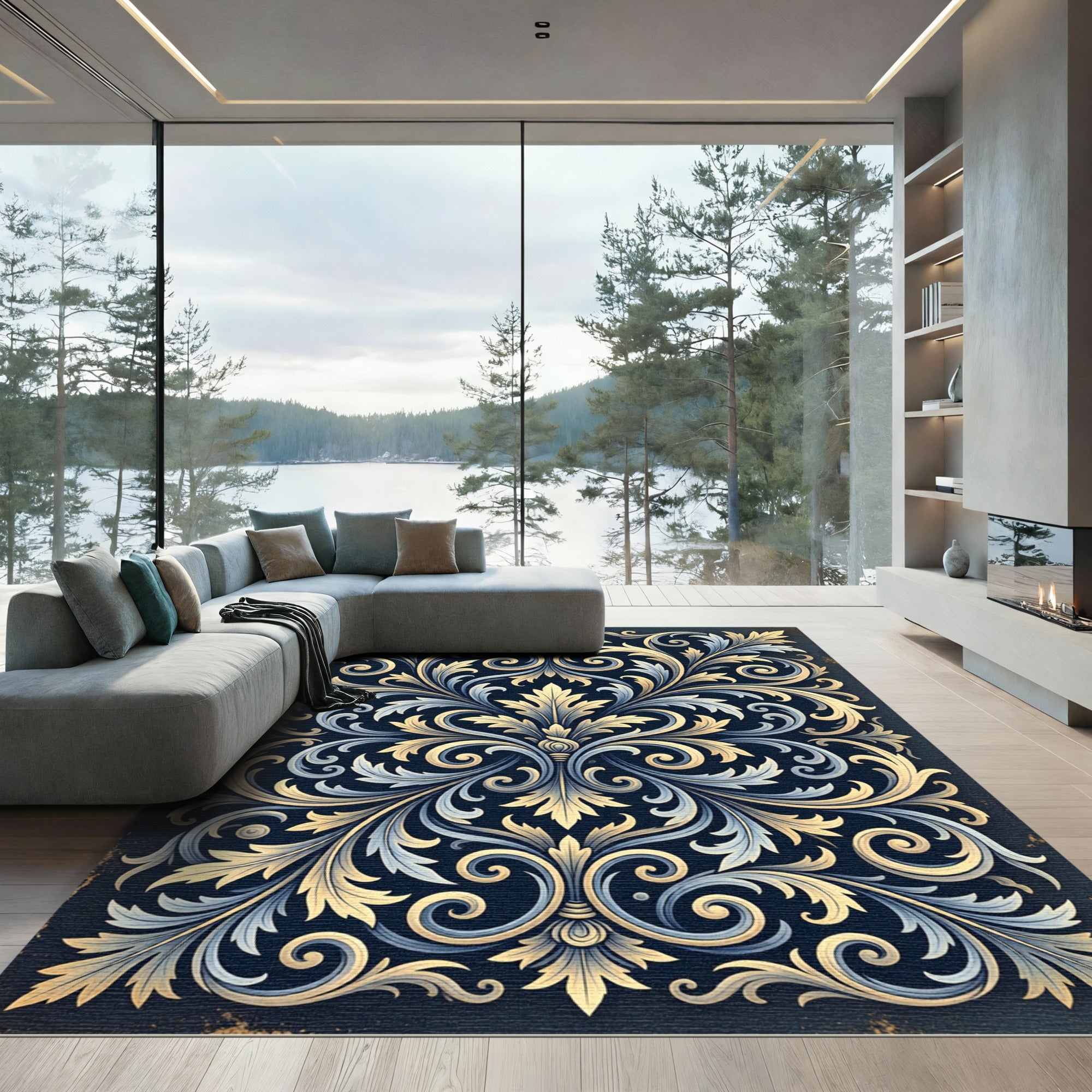 Ornate Gold and Navy Acanthus Scroll Rug