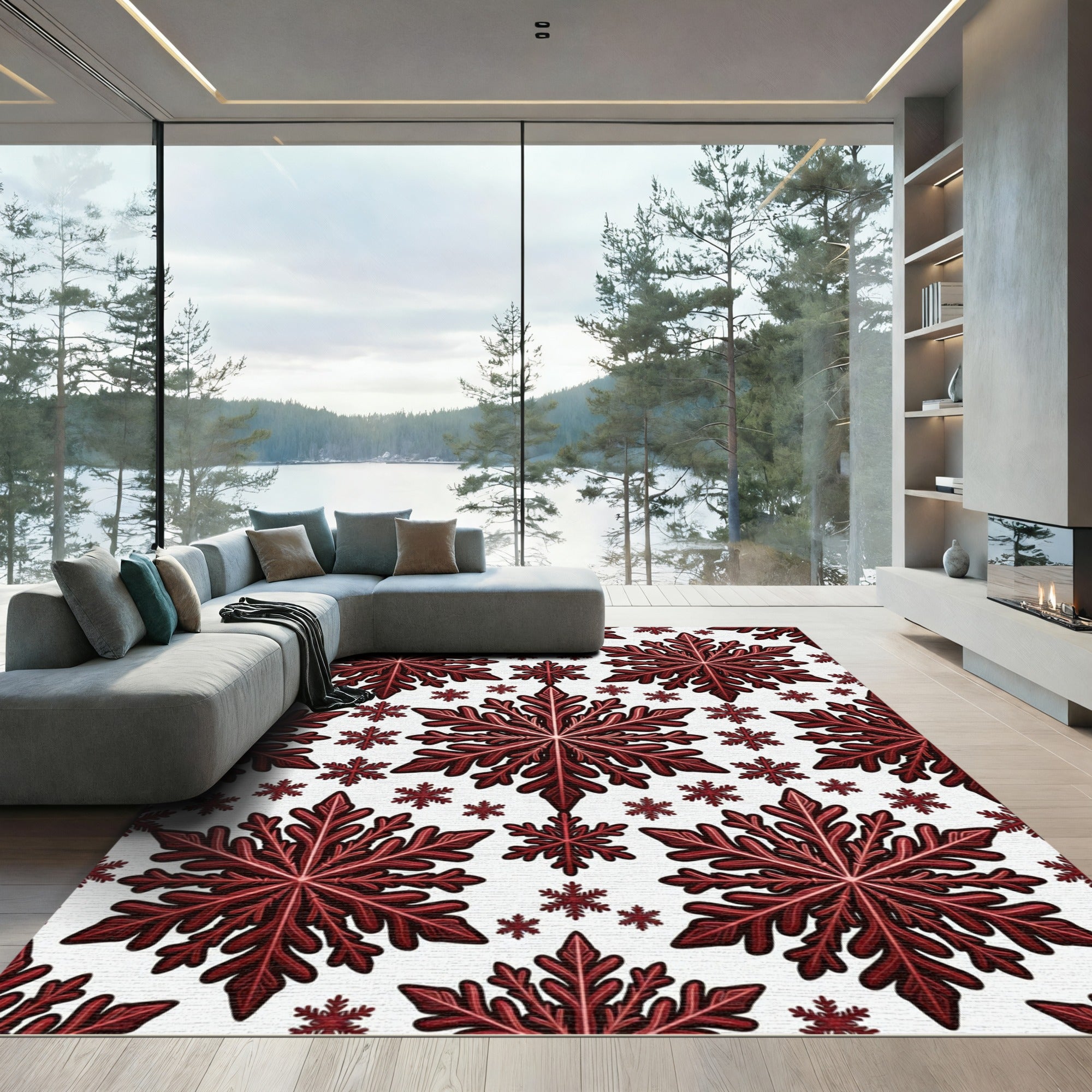 Crimson Snowflake All Over Pattern Rug