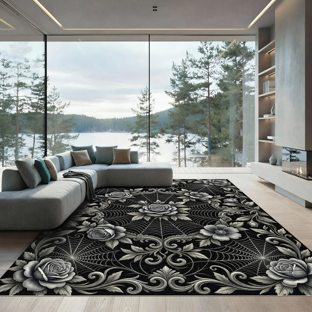 Monochromatic Floral Spiderweb Ornament Rug