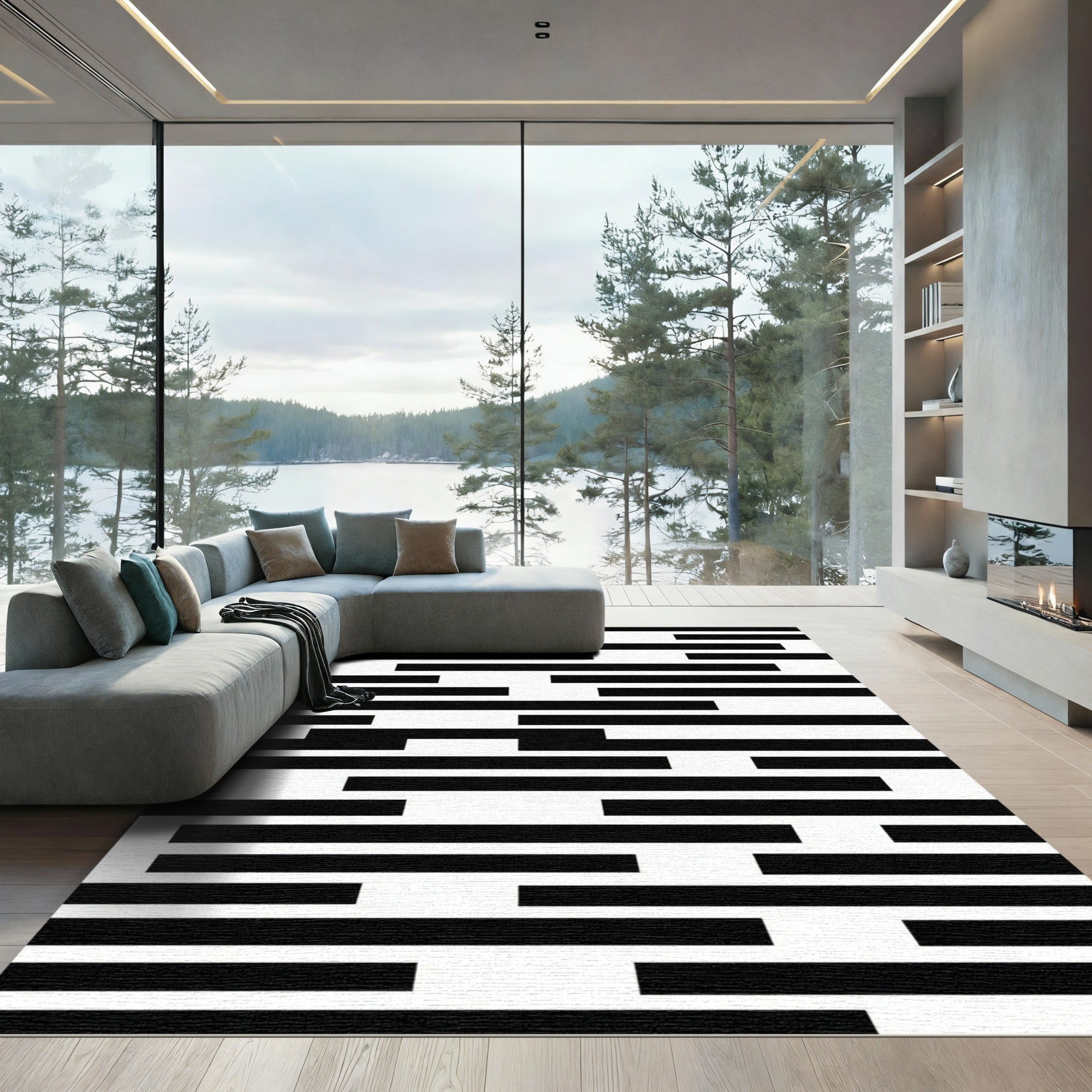 Black White Uneven Line Harmony Rug