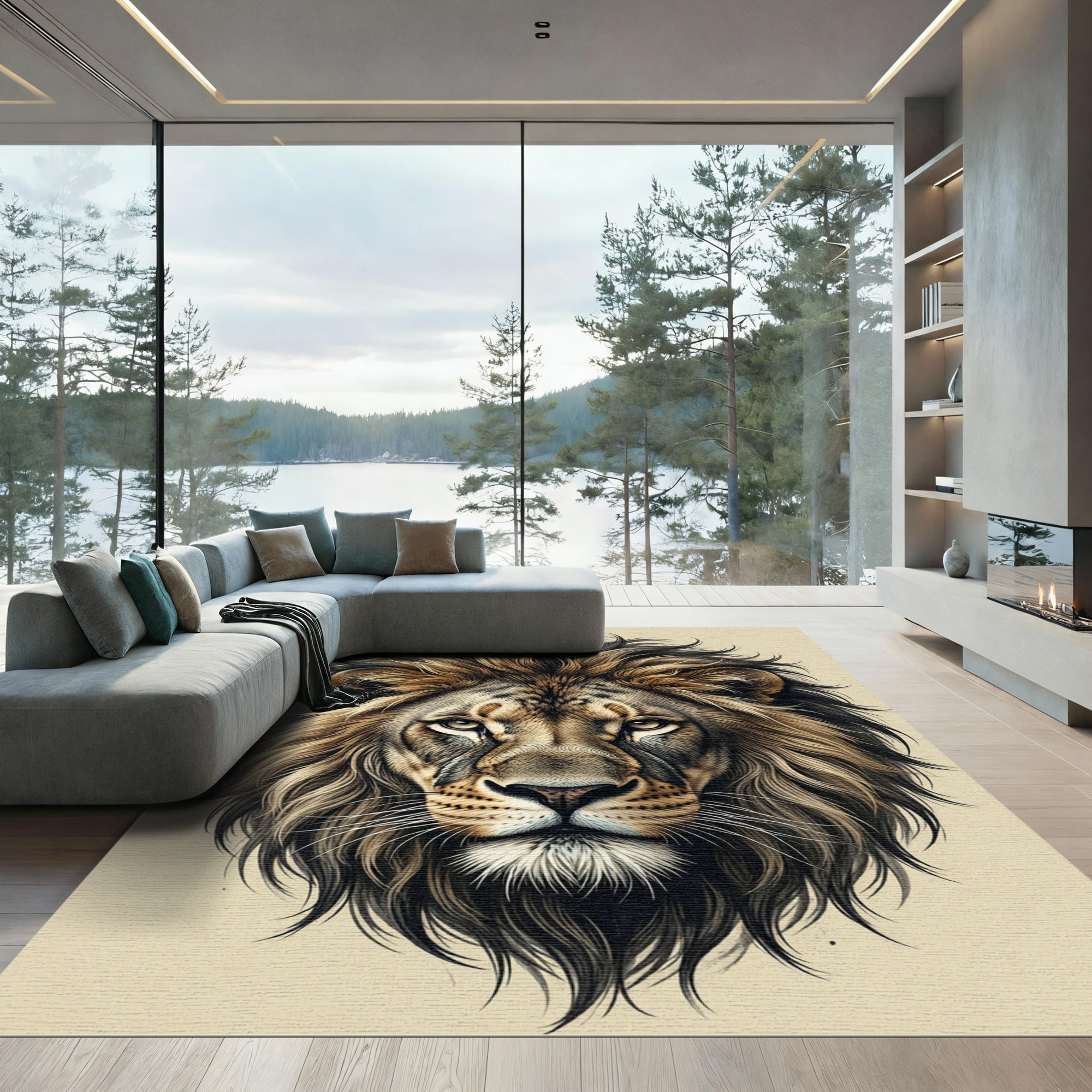 Majestic Golden Lion Portrait Focal Art Rug