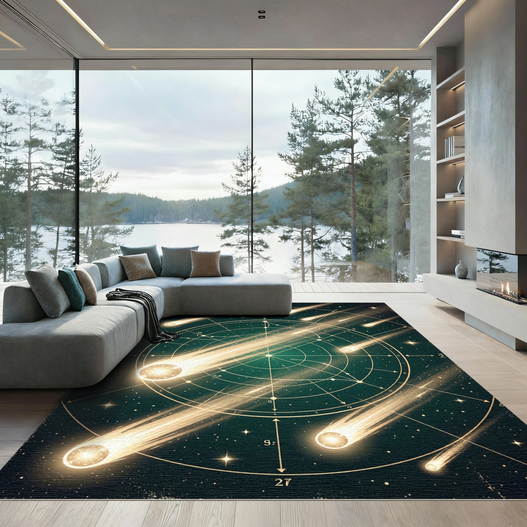 Celestial Gold Comet Midnight Starry Sky Rug