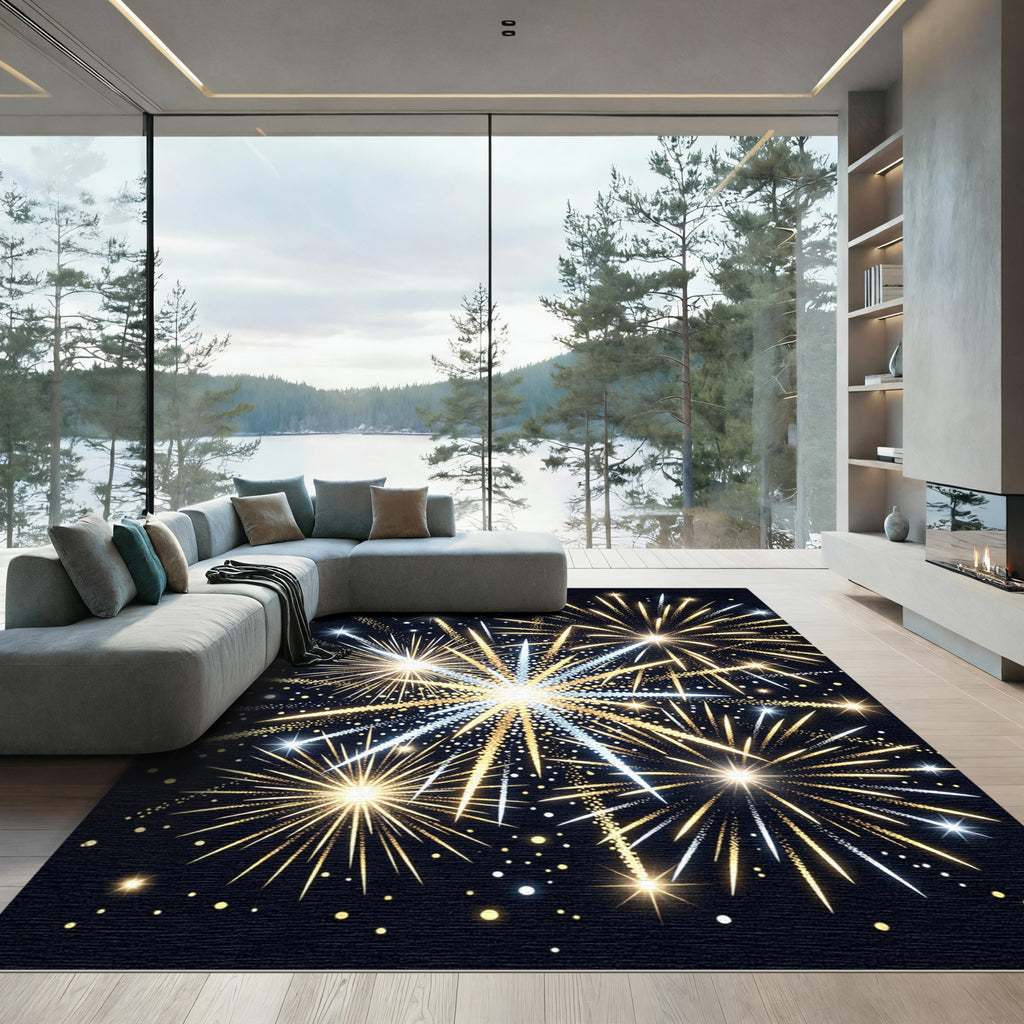 Radiant Golden Fireworks Night Sky Rug