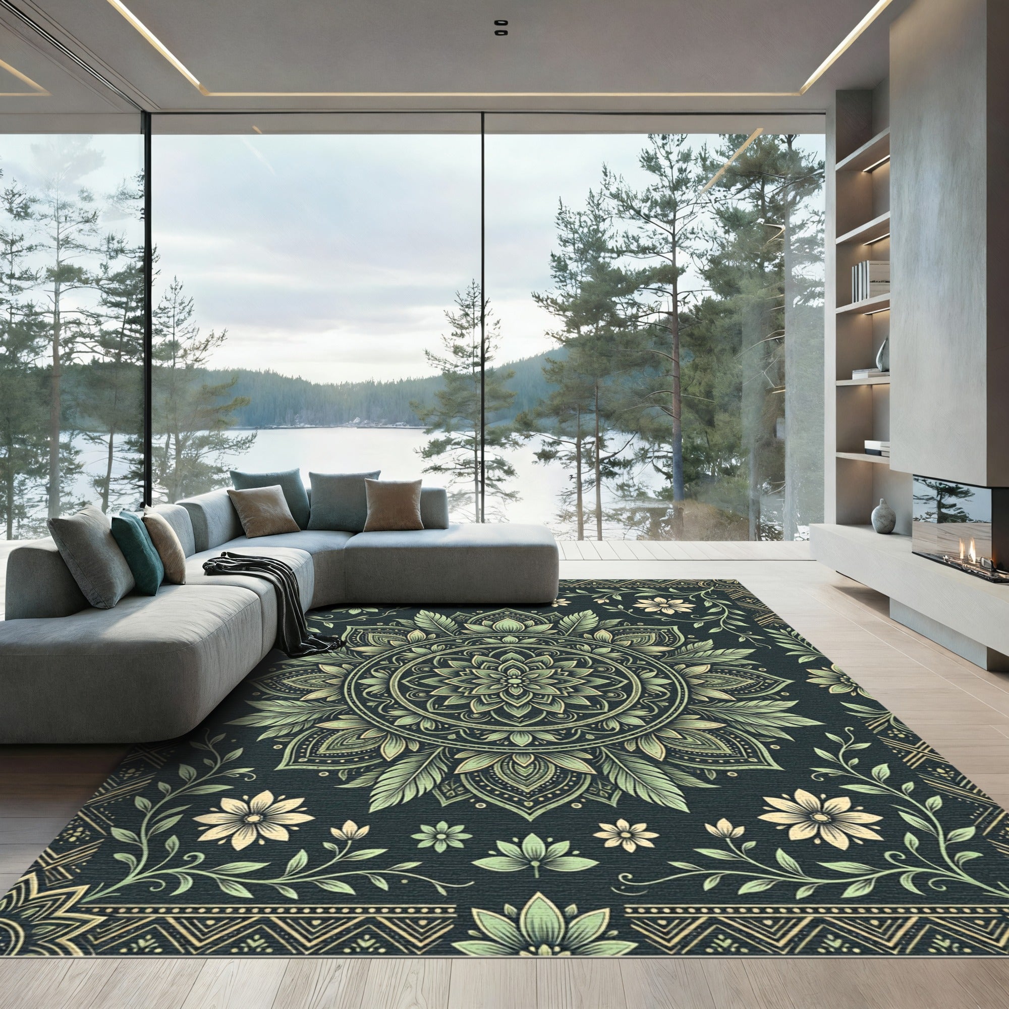 Sage Green Floral Art Deco Mandala Rug