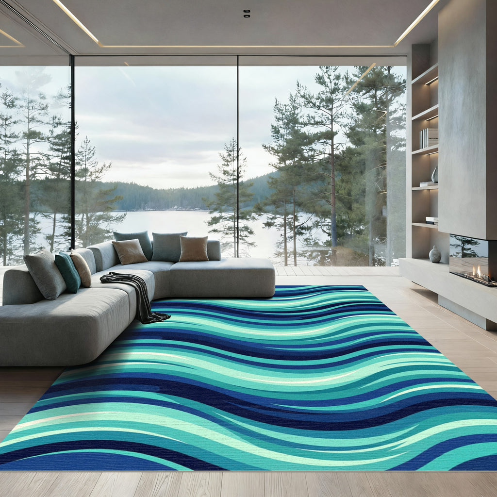 Modern Blue Abstract Teal Wave Rug