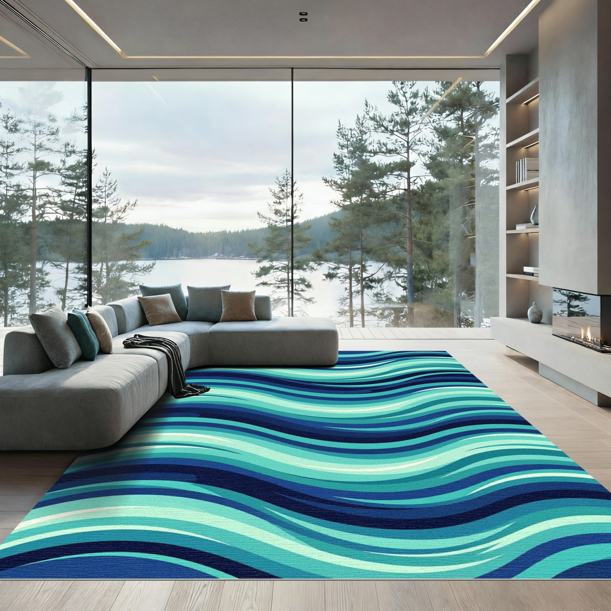 Modern Blue Abstract Teal Wave Rug