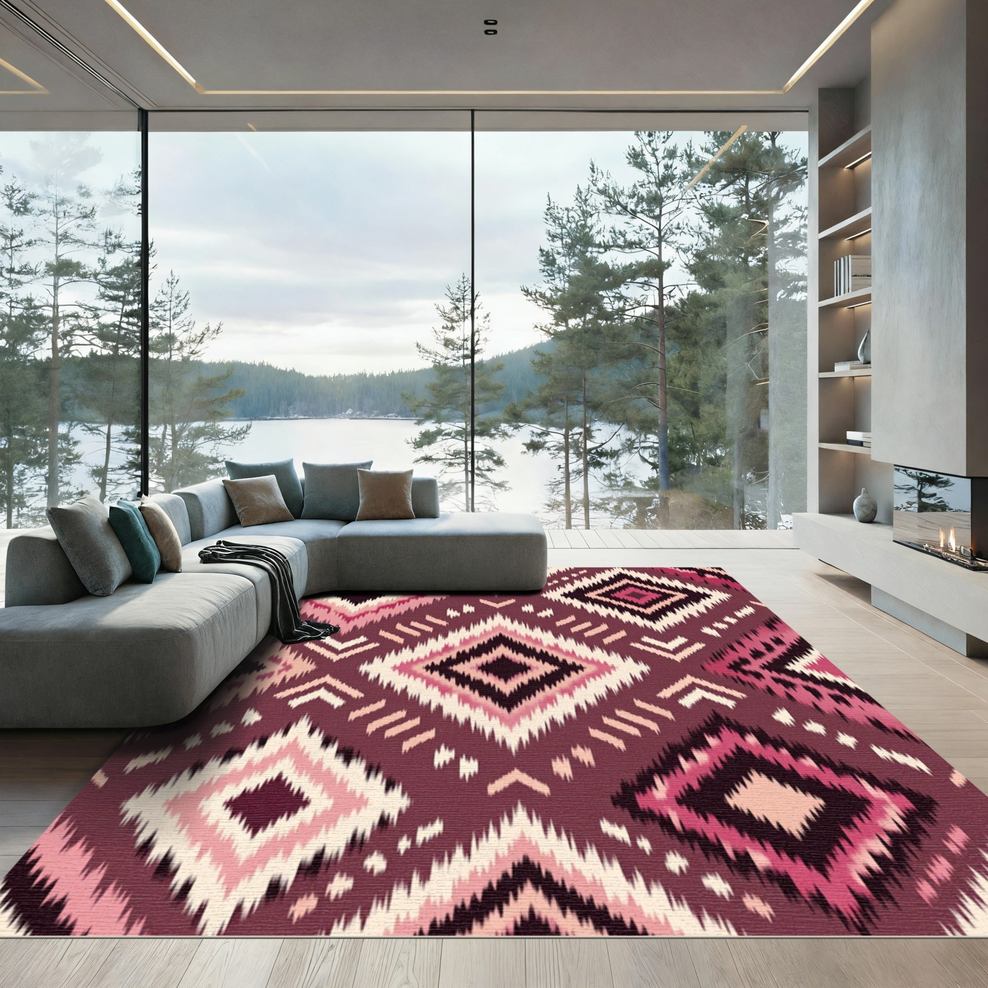 Bold Burgundy Ikat Diamond Geometric Rug