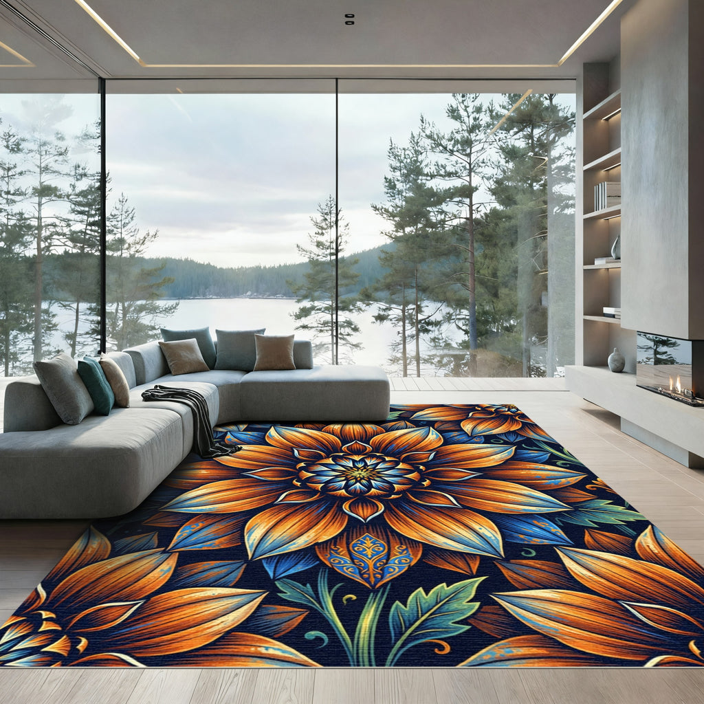 Orange Blue Floral Garden Medallion Rug