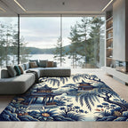 Serene Blue Willow Pagoda Ink Wash Illustration Rug