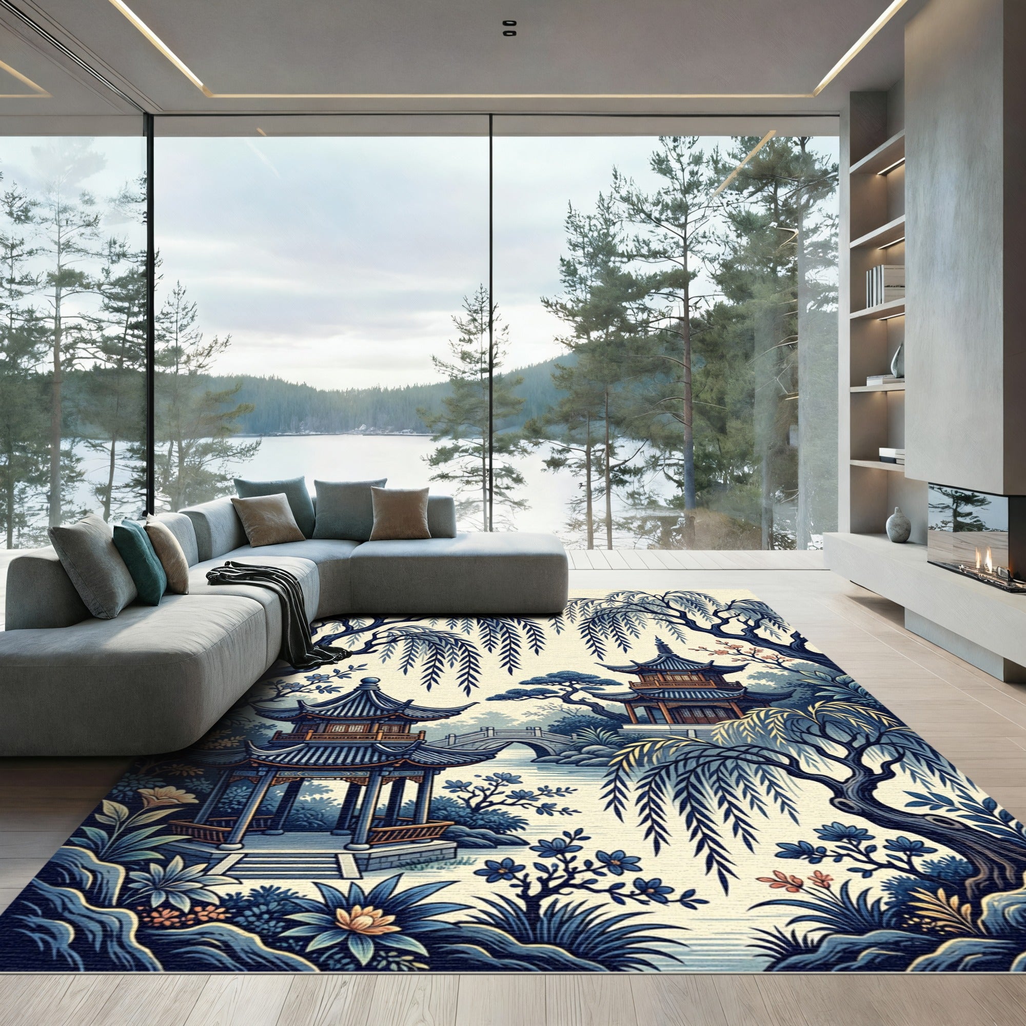 Serene Blue Willow Pagoda Ink Wash Illustration Rug