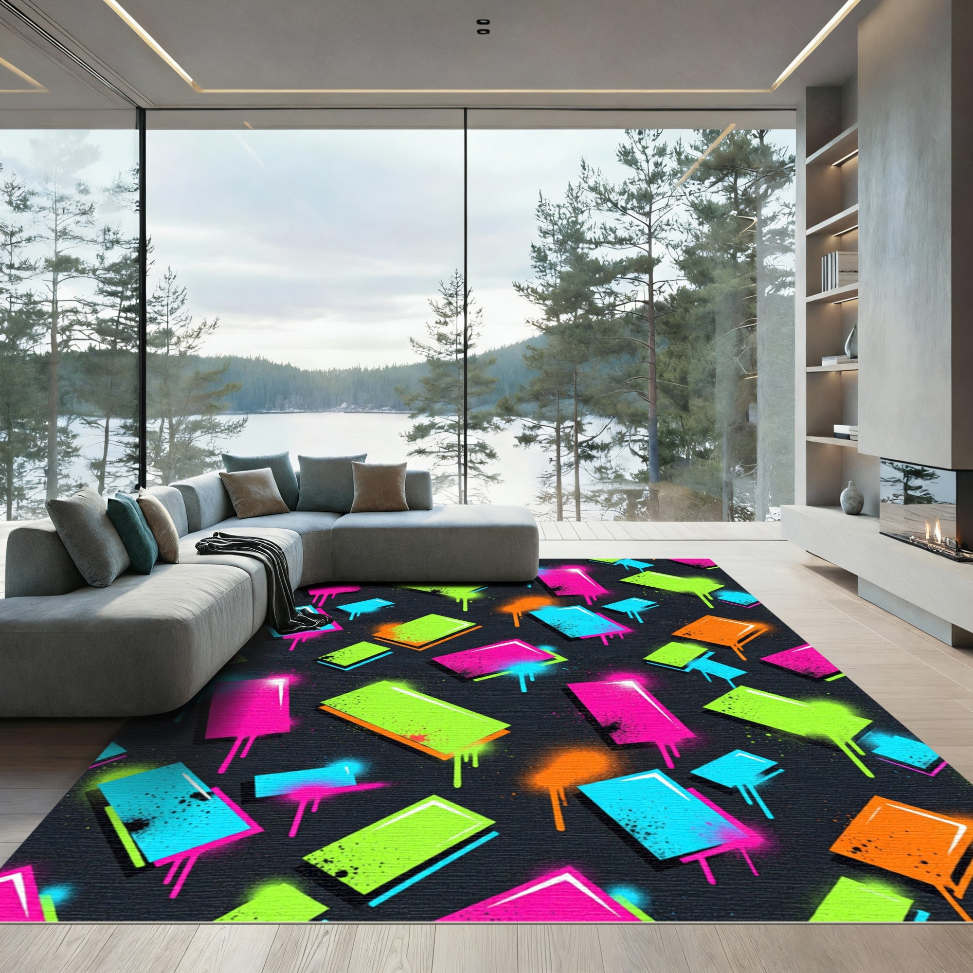 Vibrant Neon Graffiti Abstract Shape Rug