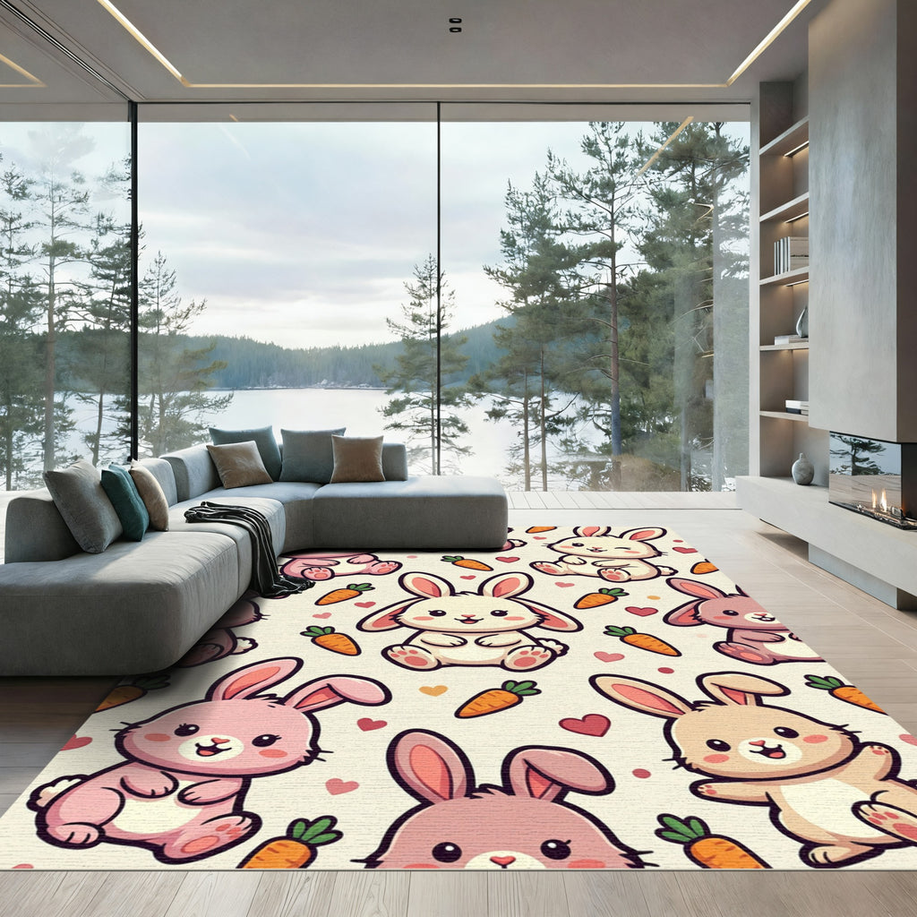 Kawaii Bunny and Carrot Pastel Illustration Rug