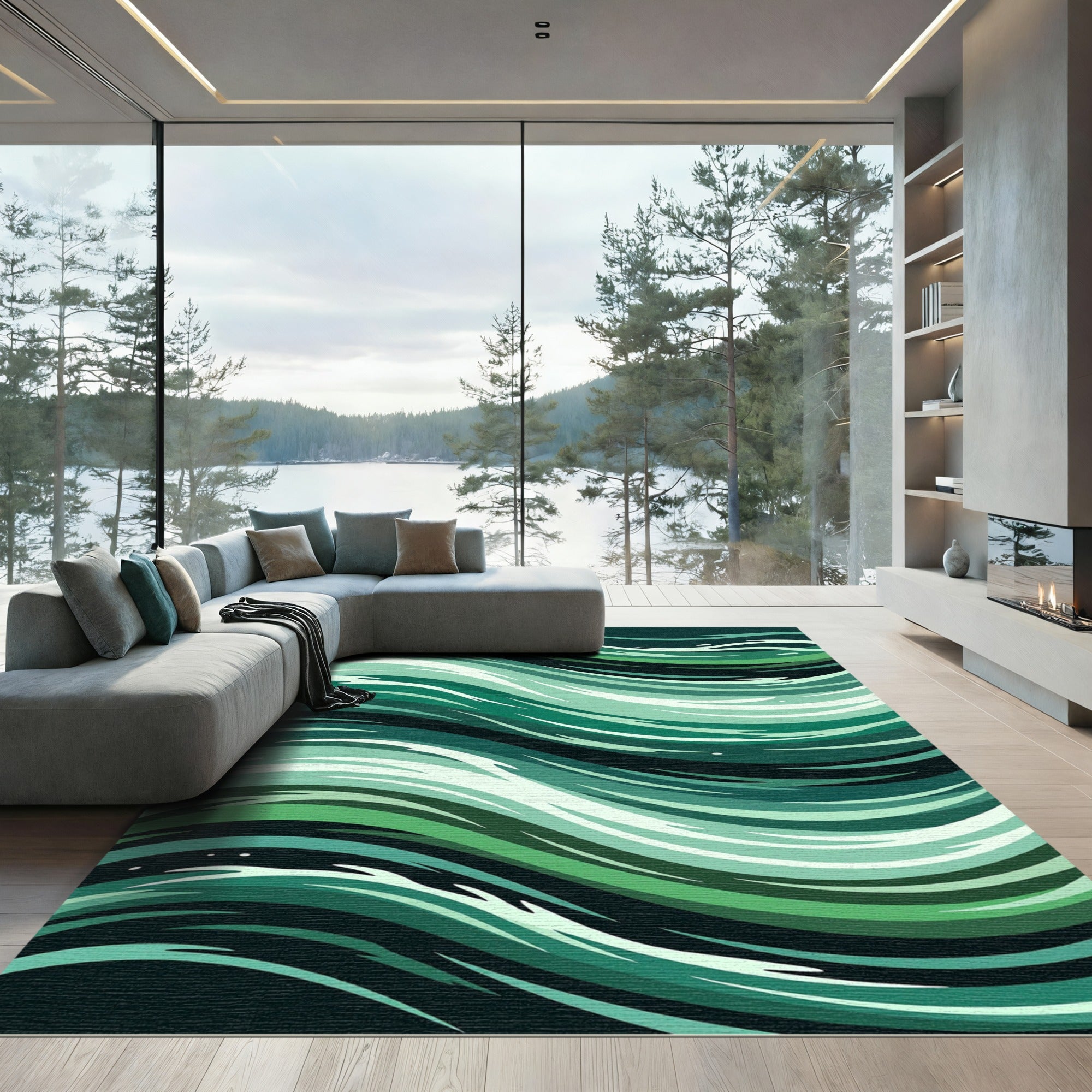 Deep Emerald Green Abstract Swirls Rug