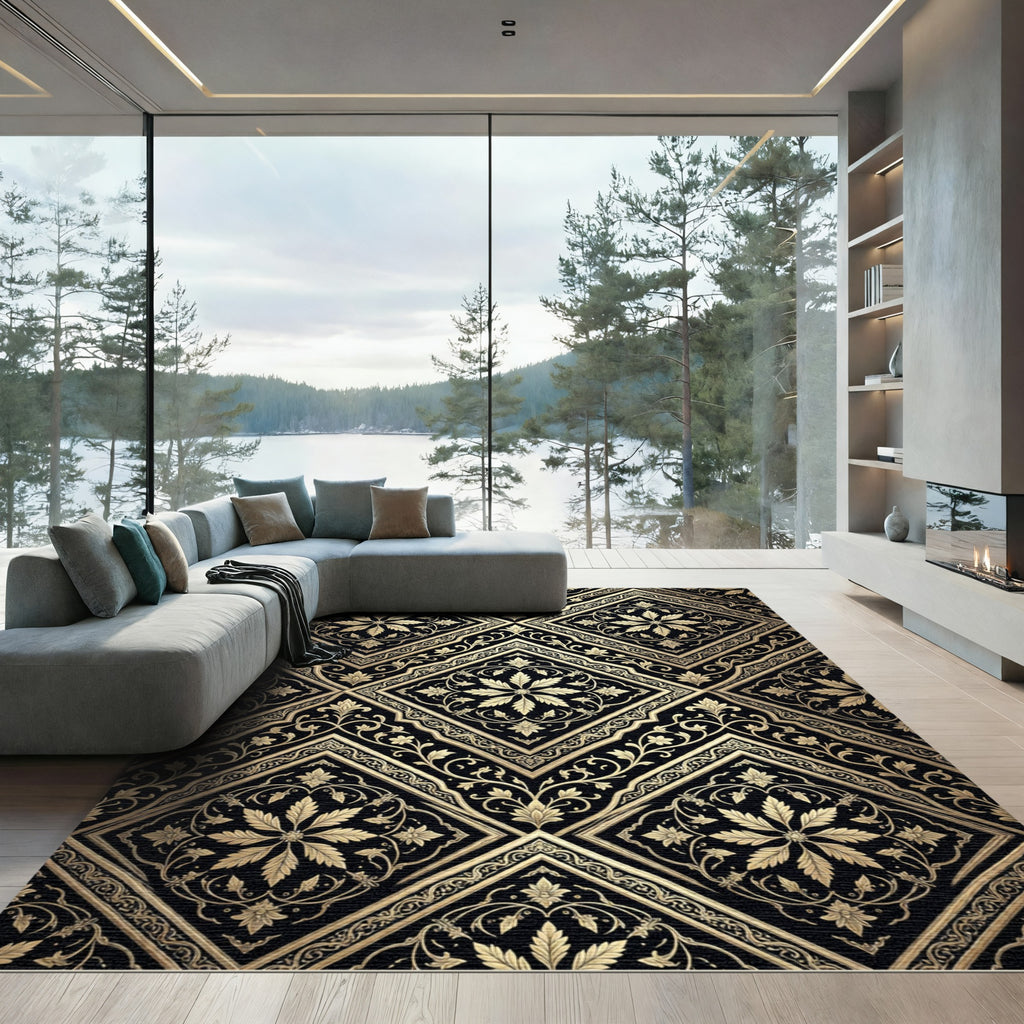 Black Gold Floral Medallion Damask Rug