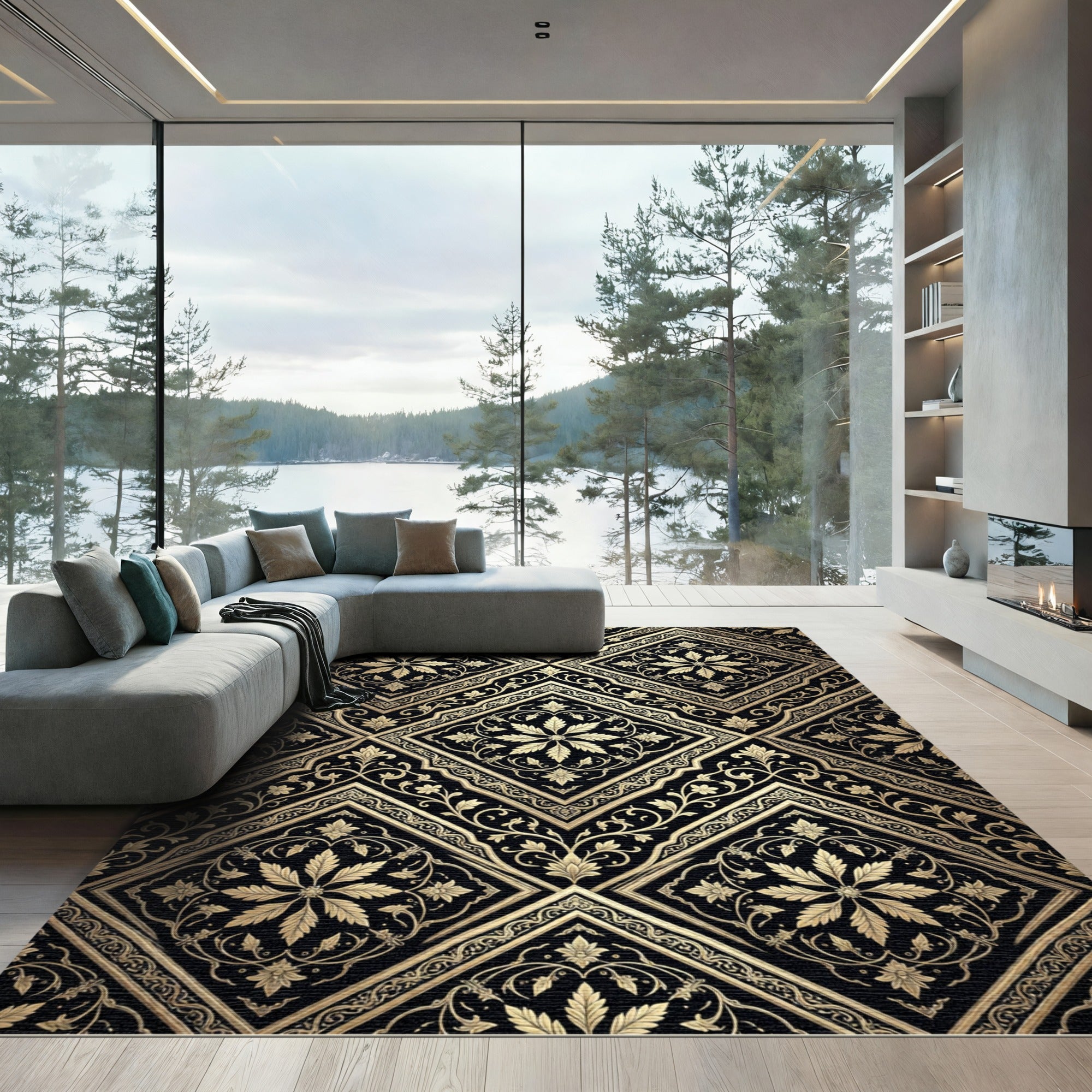 Black Gold Floral Medallion Damask Rug