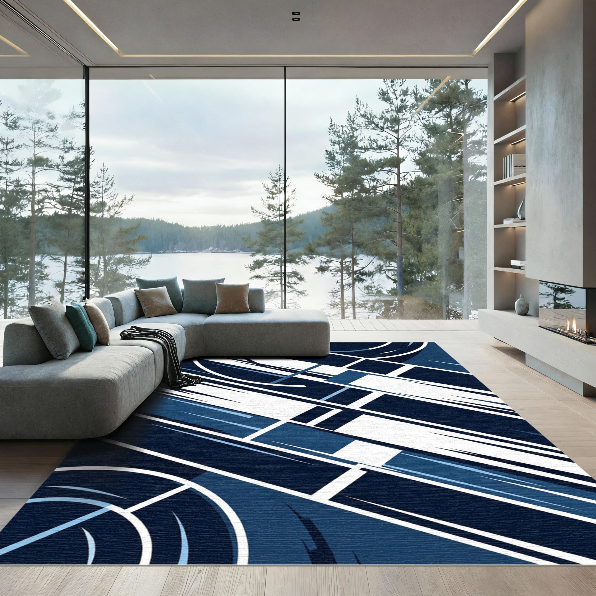 Modern Geometric Navy and White Lines Rug