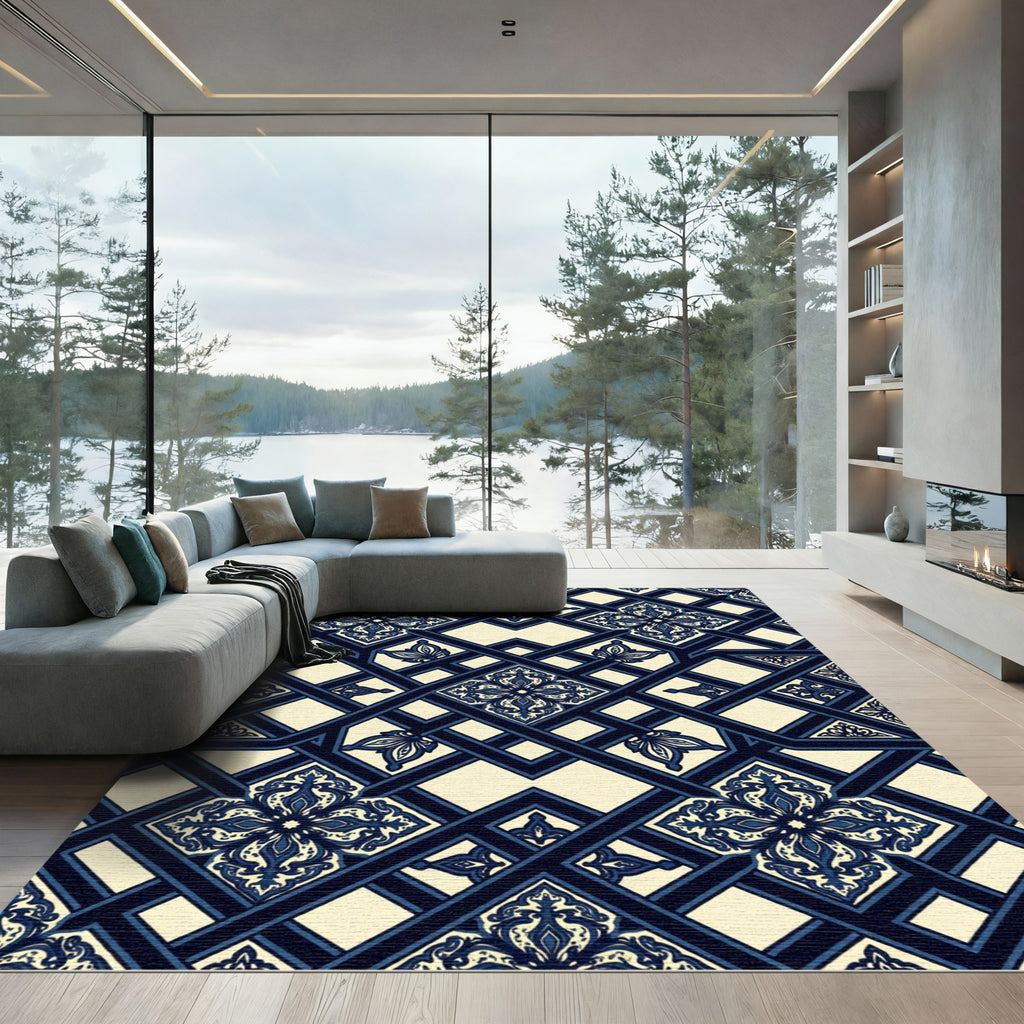 Navy Blue Damask Trellis Lattice Rug