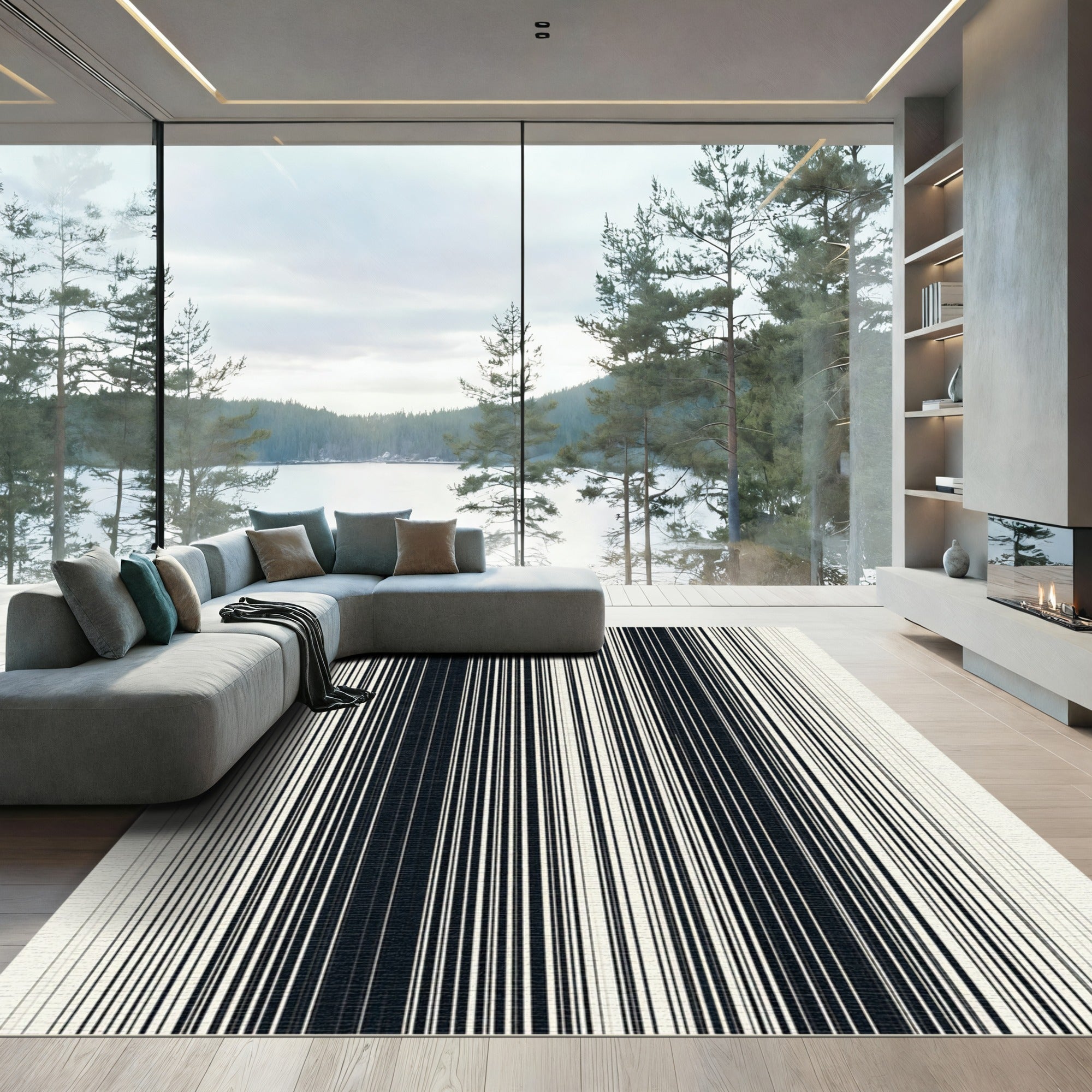 Modern Stark Black and White Stripe Rug