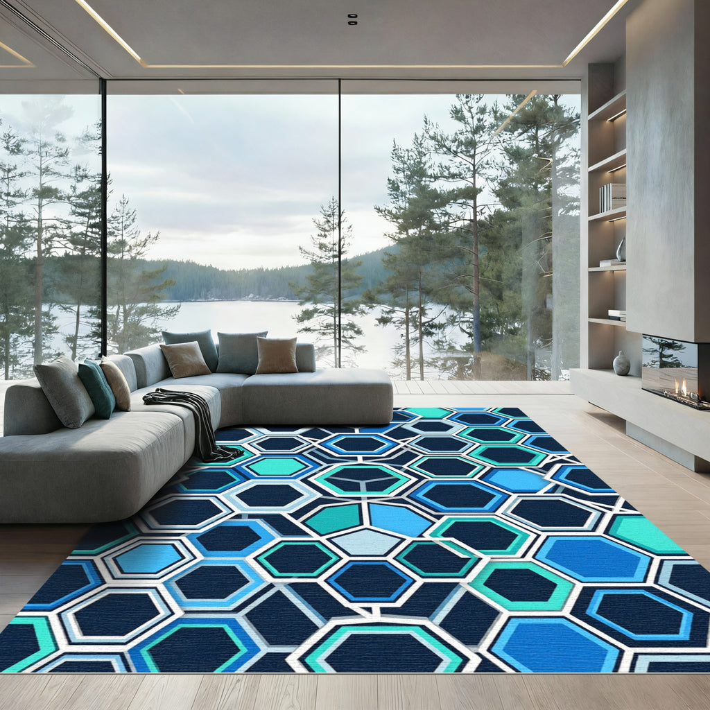Modern Blue Gradient Geometric Hexagon Rug