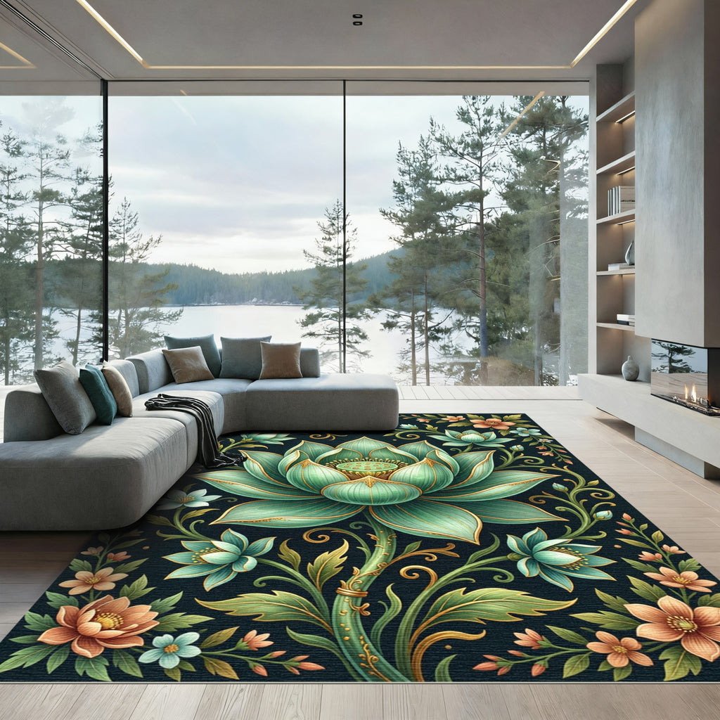Elegant Mint Botanical Gold Lotus Rug