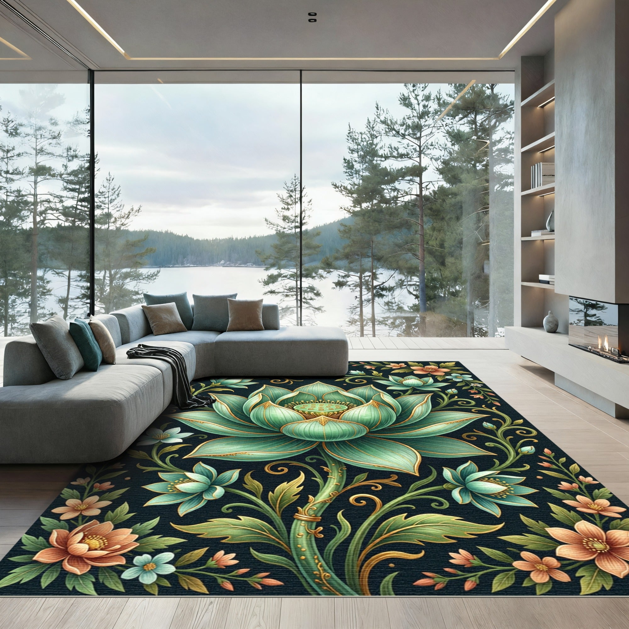 Elegant Mint Botanical Gold Lotus Rug
