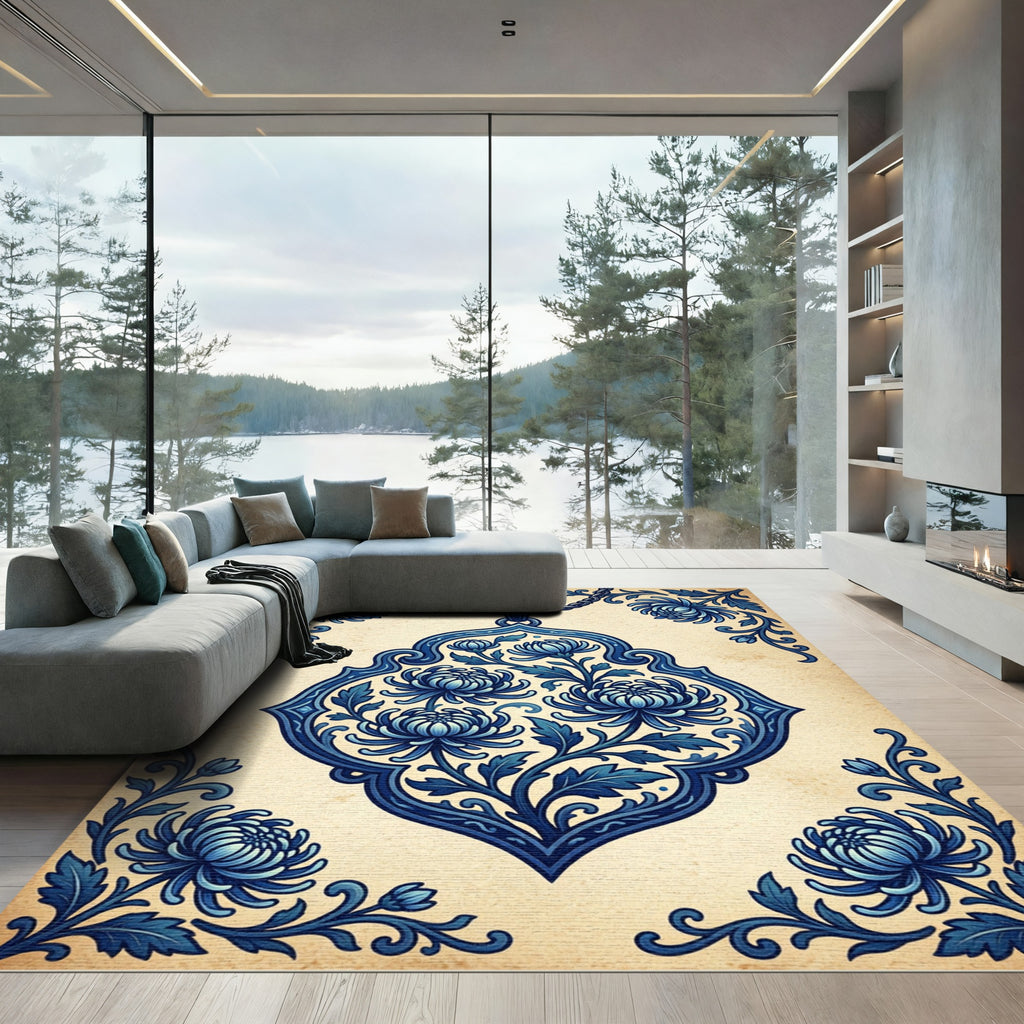 Artistic Blue Chrysanthemum Scrollwork Rug