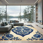 Artistic Blue Chrysanthemum Scrollwork Rug