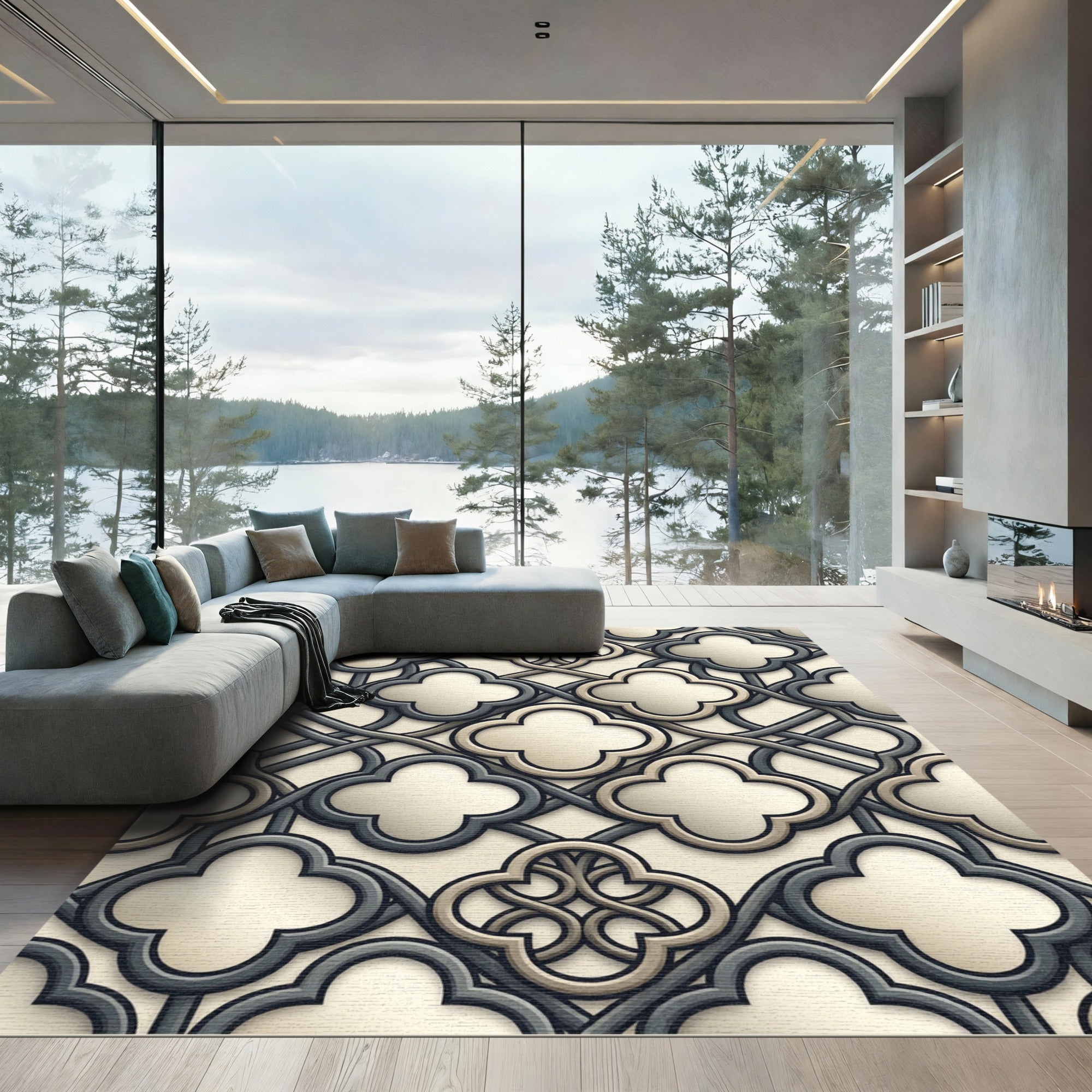 Cream and Slate Quatrefoil Interlocking Tile Rug