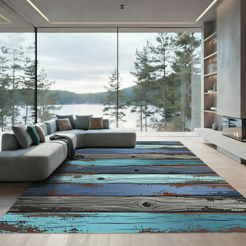 Weathered Blue Gray Distressed Plank Rug