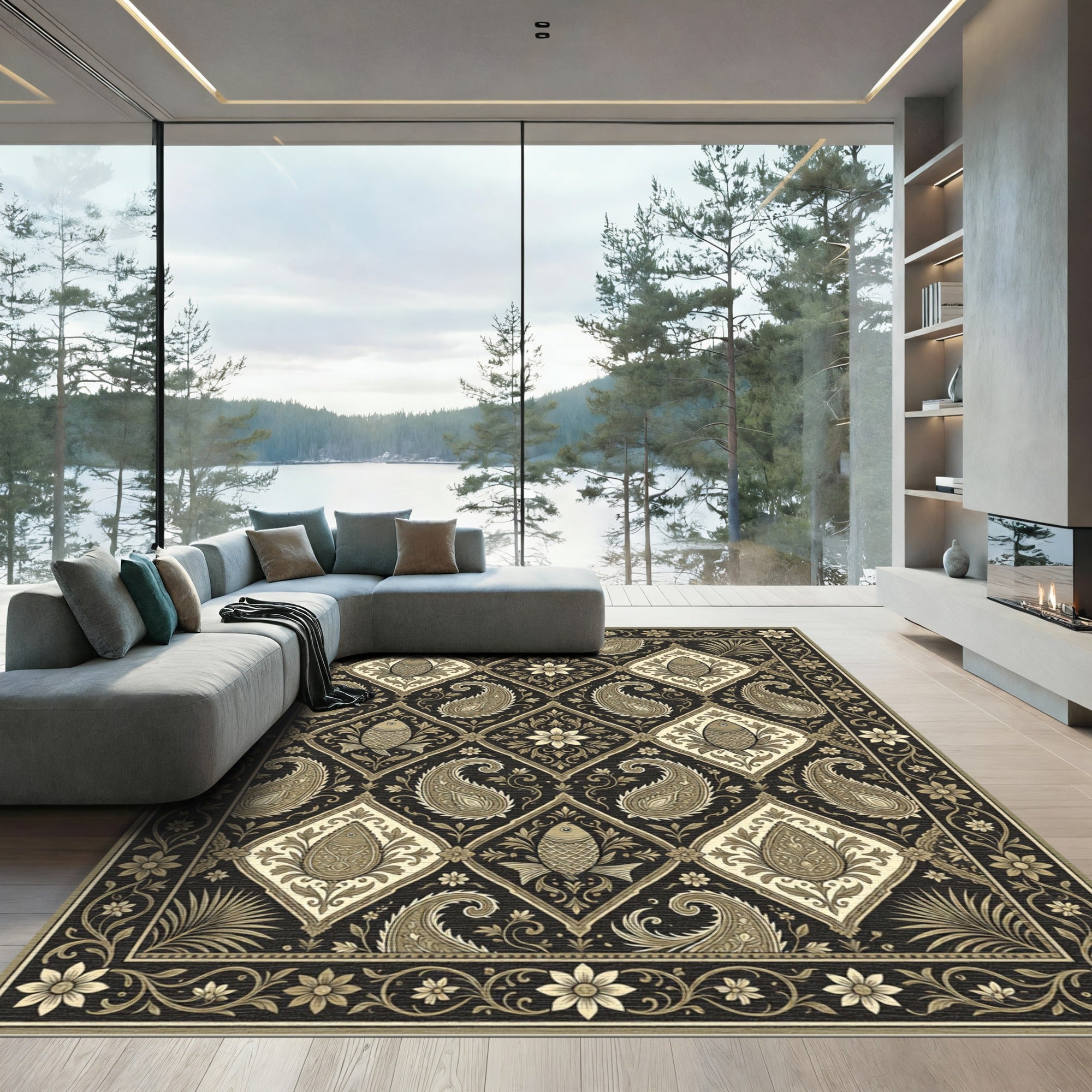 Ornate Black Gold Paisley Fish Square Rug