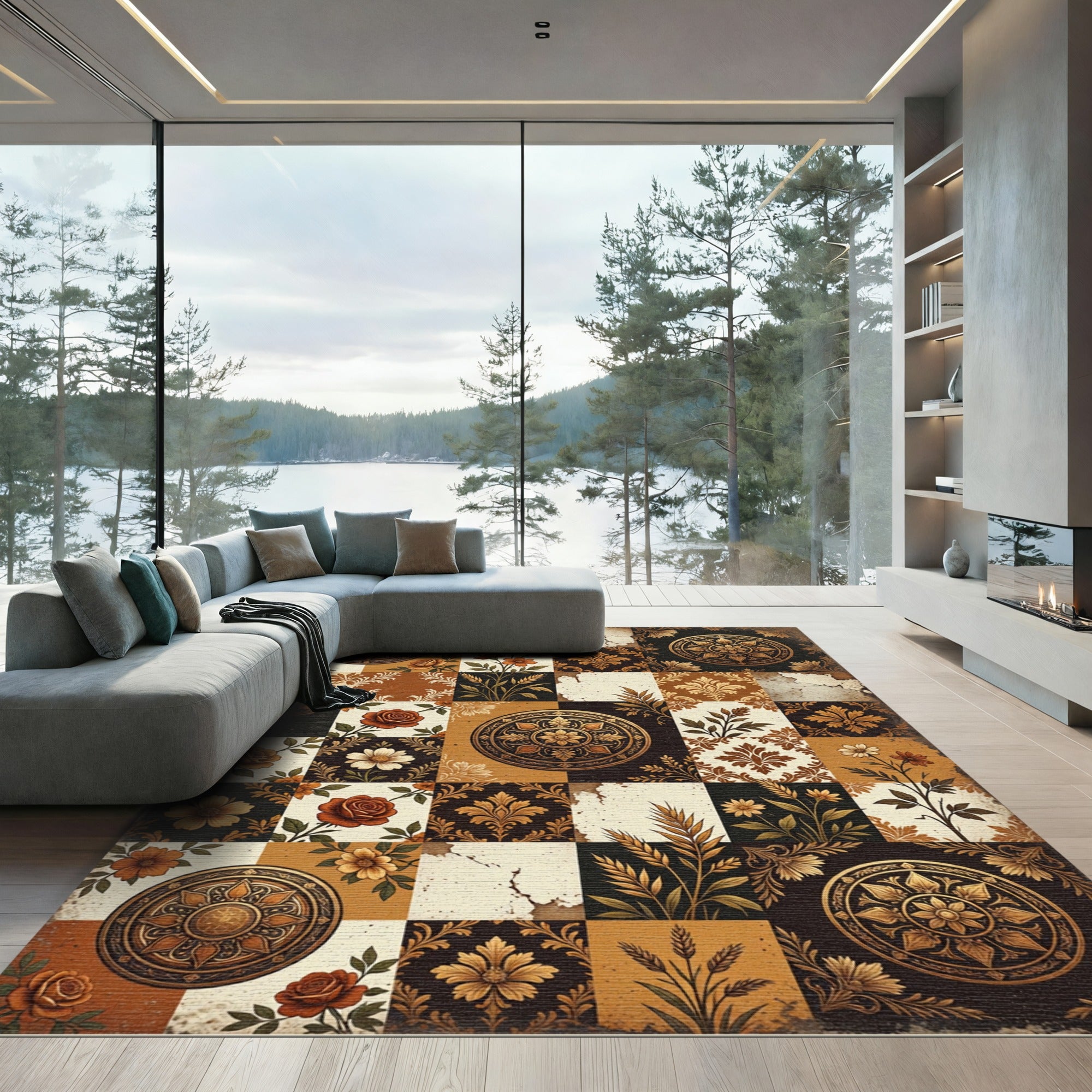Antique Gold Floral Medallion Earthy Patchwork Rug