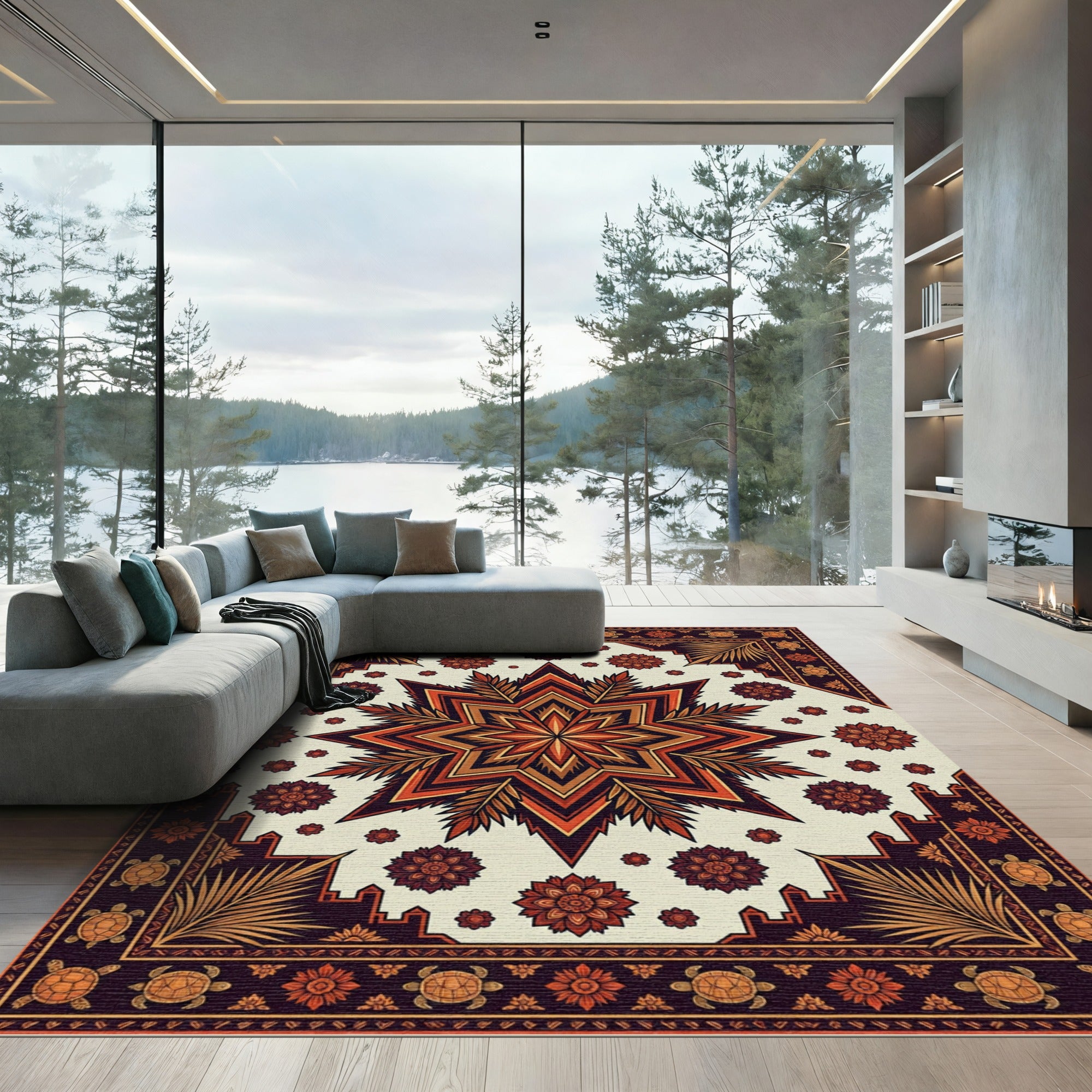 Burnt Orange Geometric Star Tortoise Medallion Rug