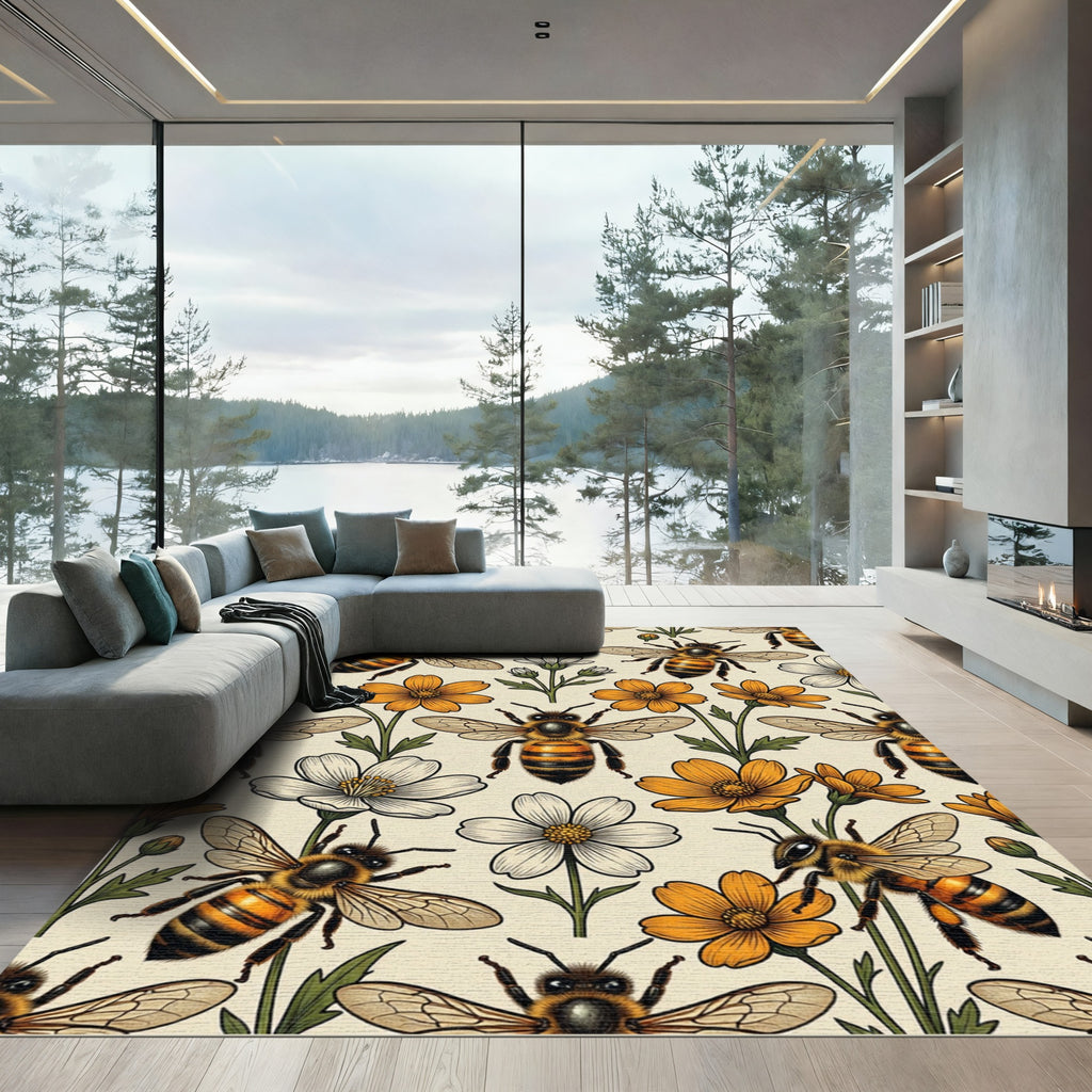 Vintage Honeycomb Bee and Daisy Meadow Rug