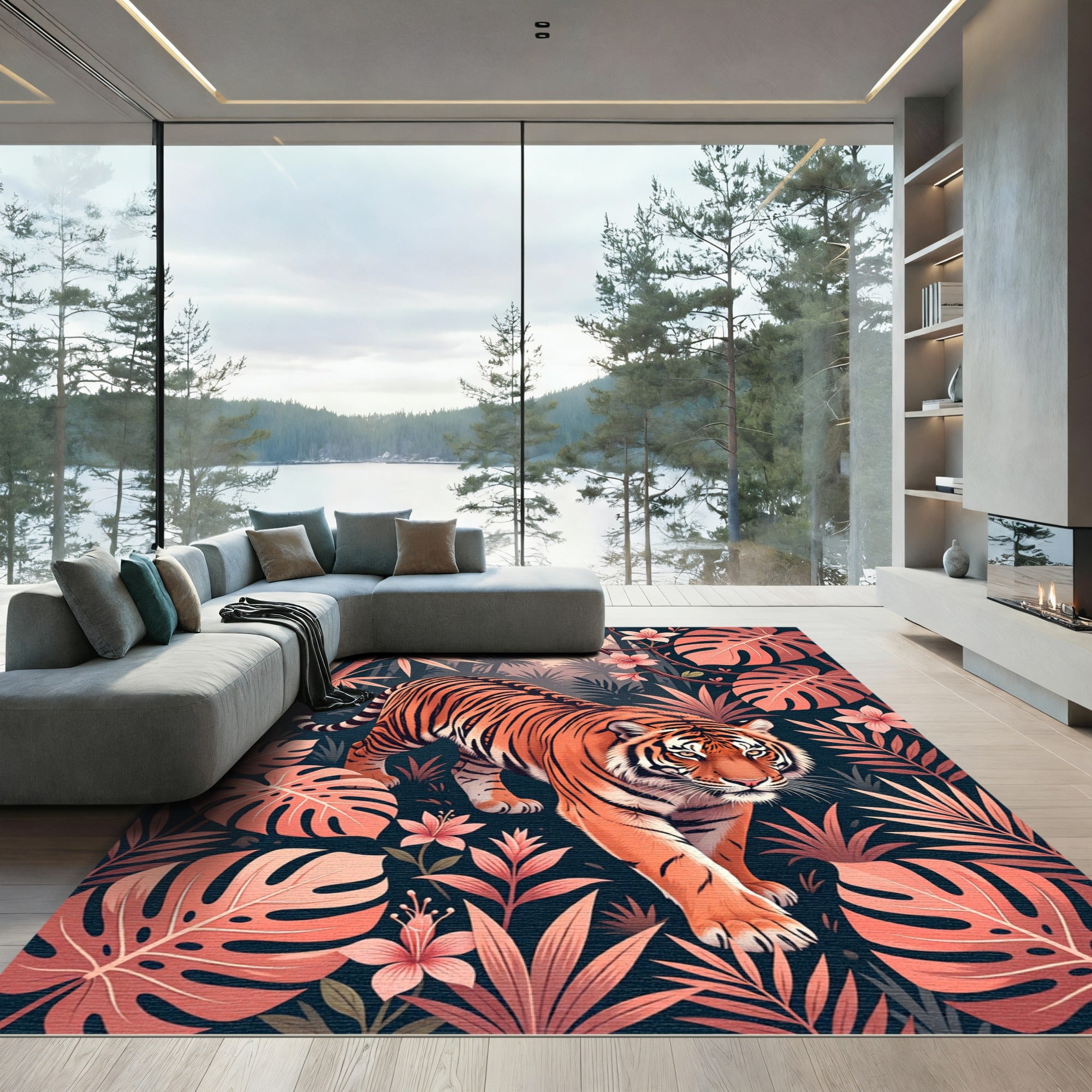 Tropical Tiger and Coral Foliage Rug