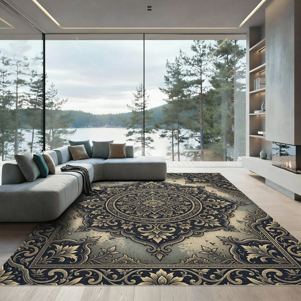 Vintage Gold Dark Floral Medallion Rug