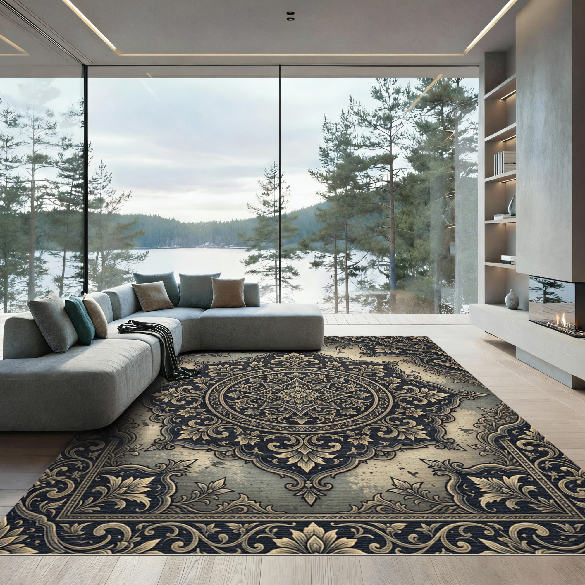 Vintage Gold Dark Floral Medallion Rug