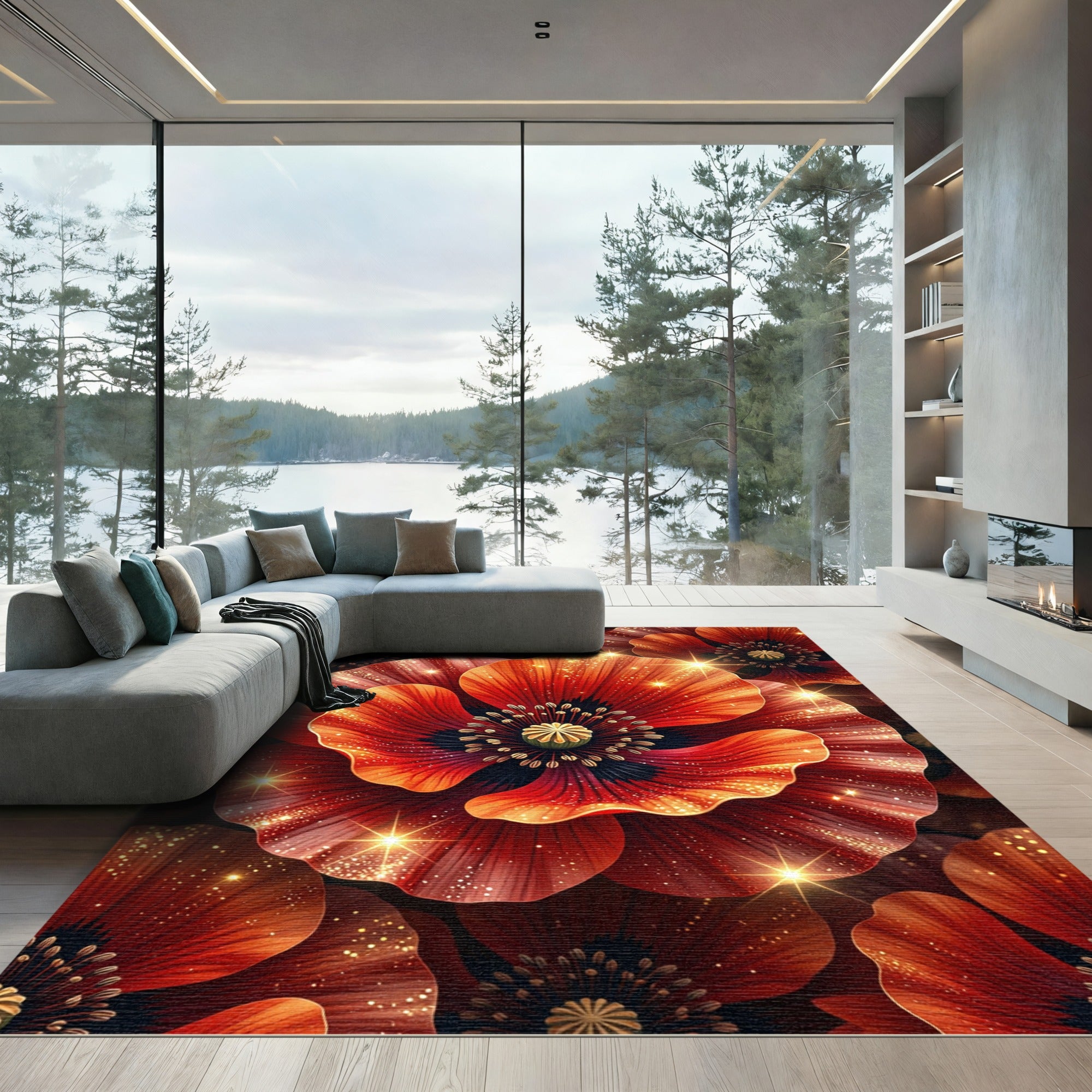 Vibrant Red Sparkling Poppy Floral Rug