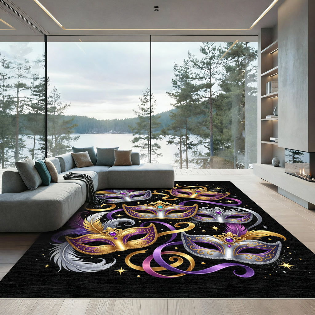 Vibrant Venetian Masquerade Purple Gold Mask Rug
