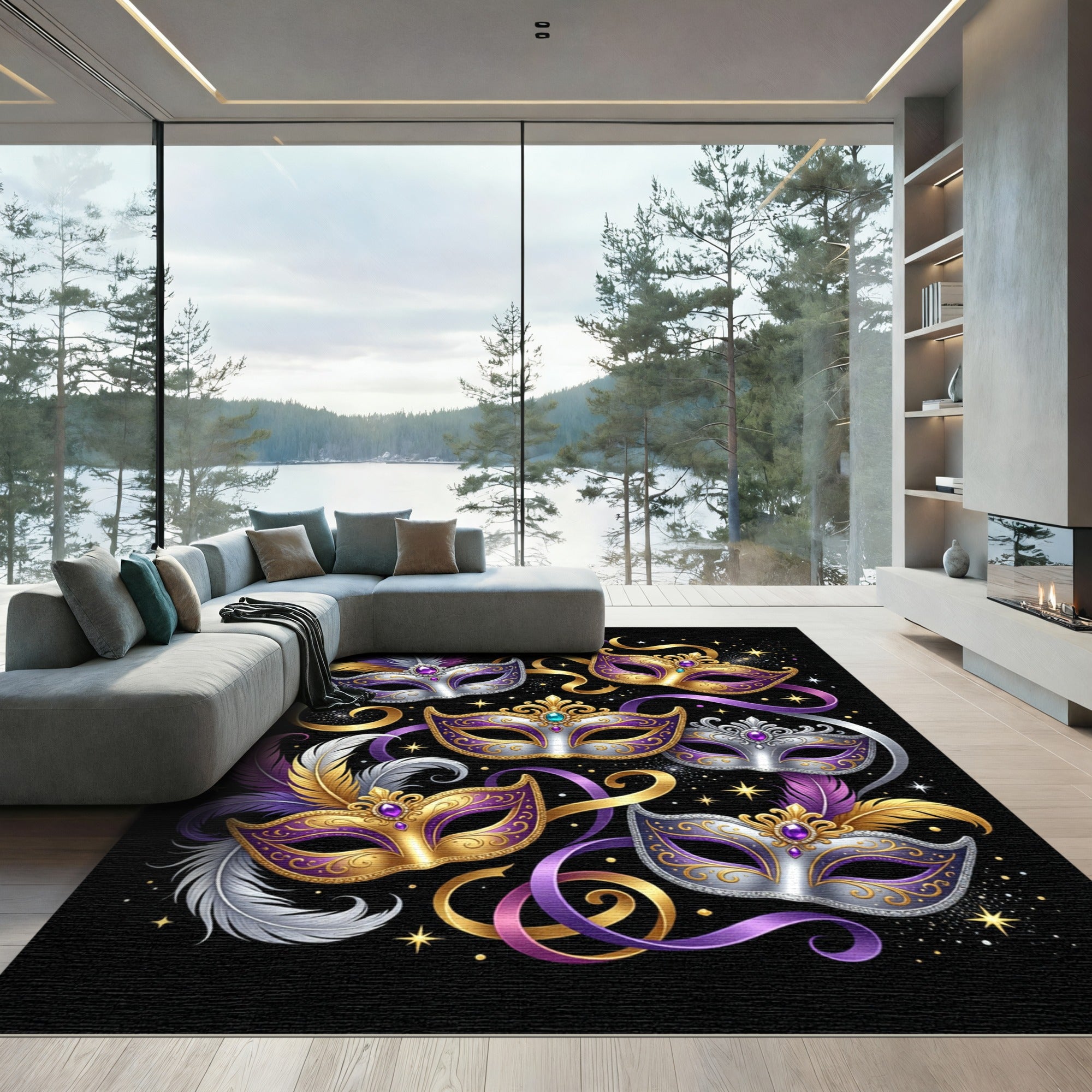 Vibrant Venetian Masquerade Purple Gold Mask Rug