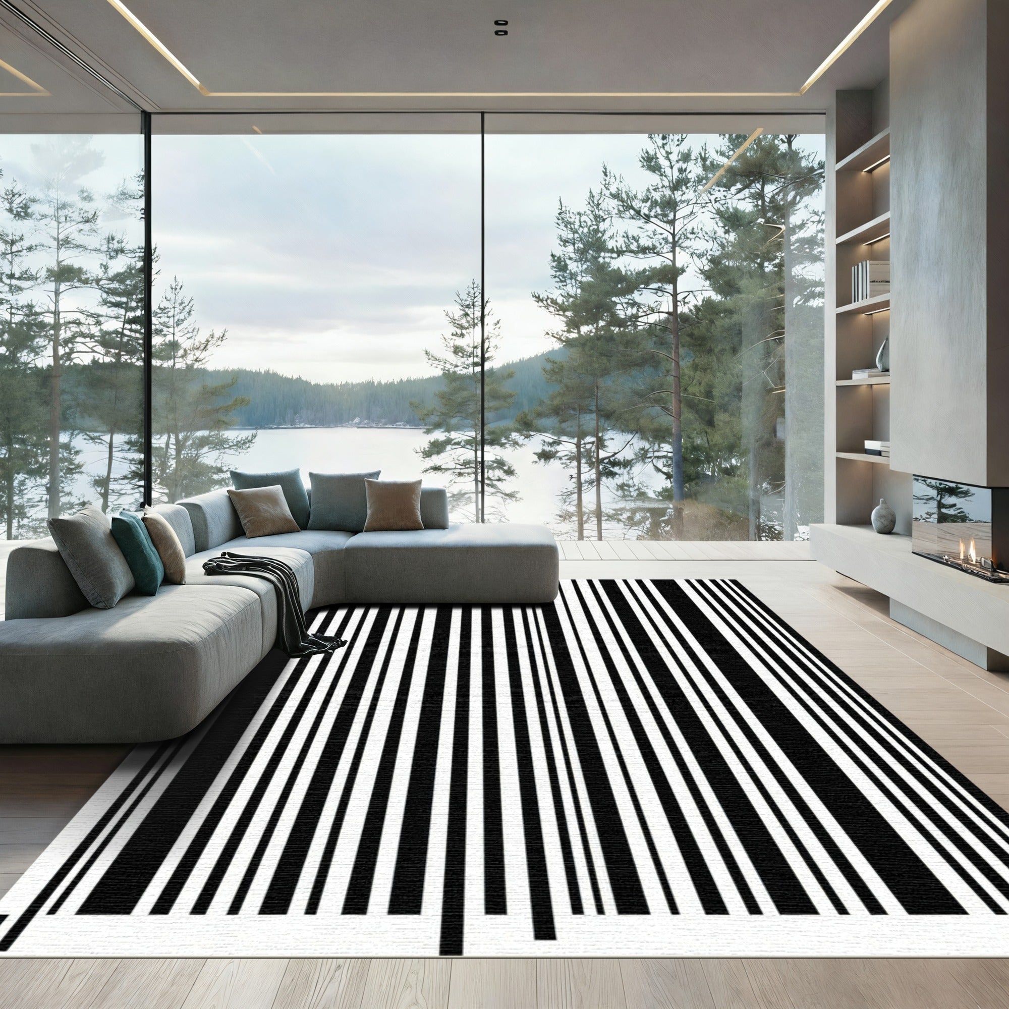 Minimalist Vertical Black and White Stripe Rug