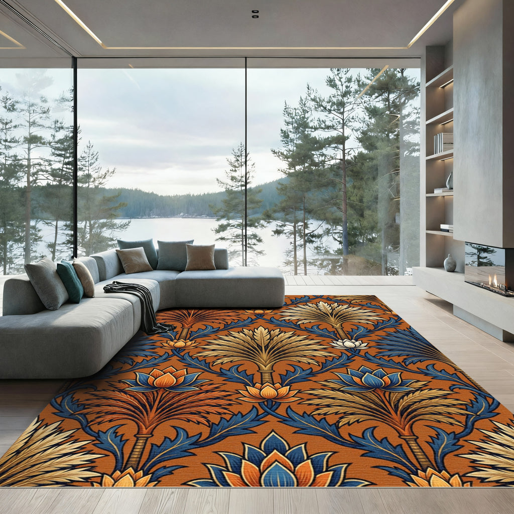 Ornate Terracotta Palm Leaf Botanical Rug