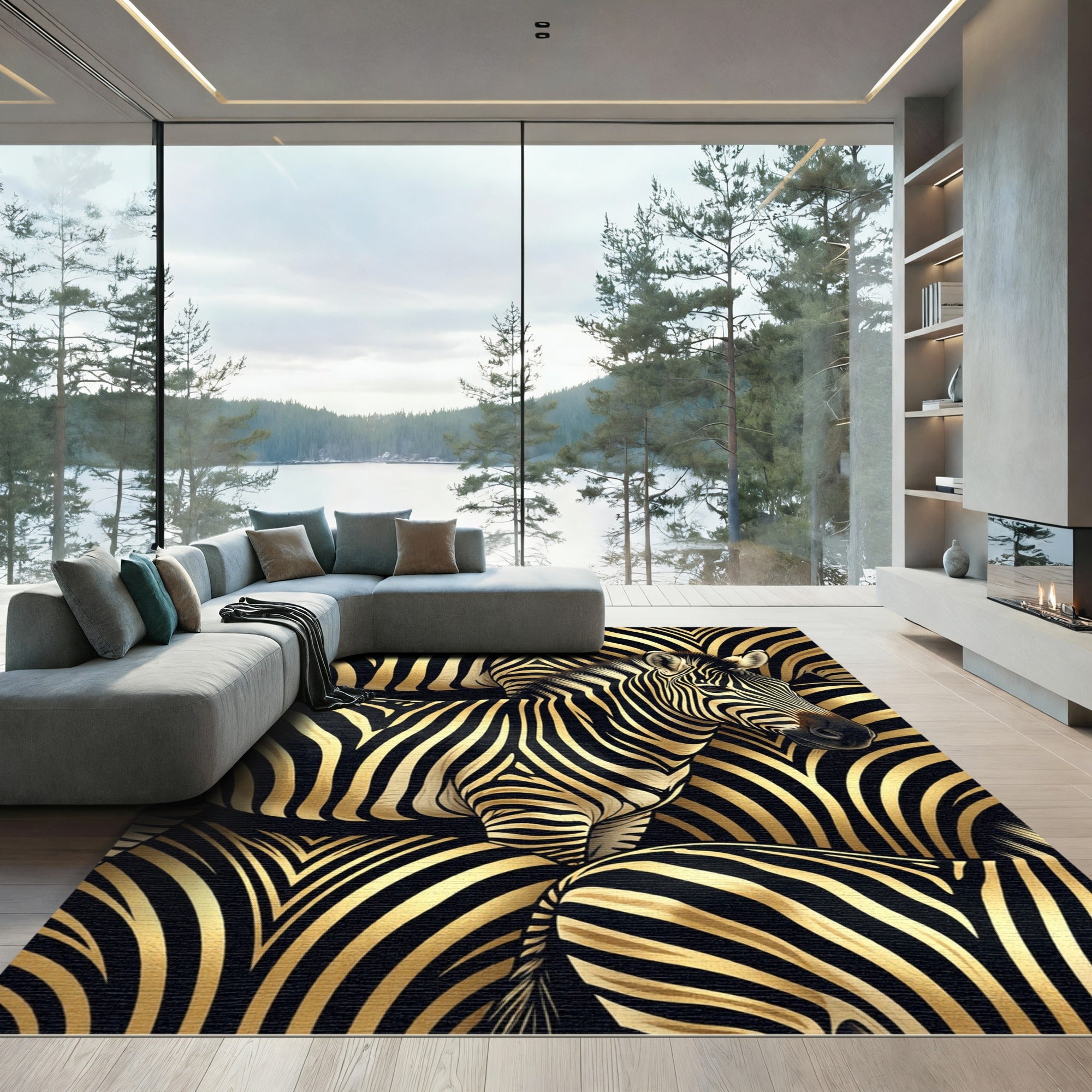 Bold Black Gold Zebra Stripe Collage Rug