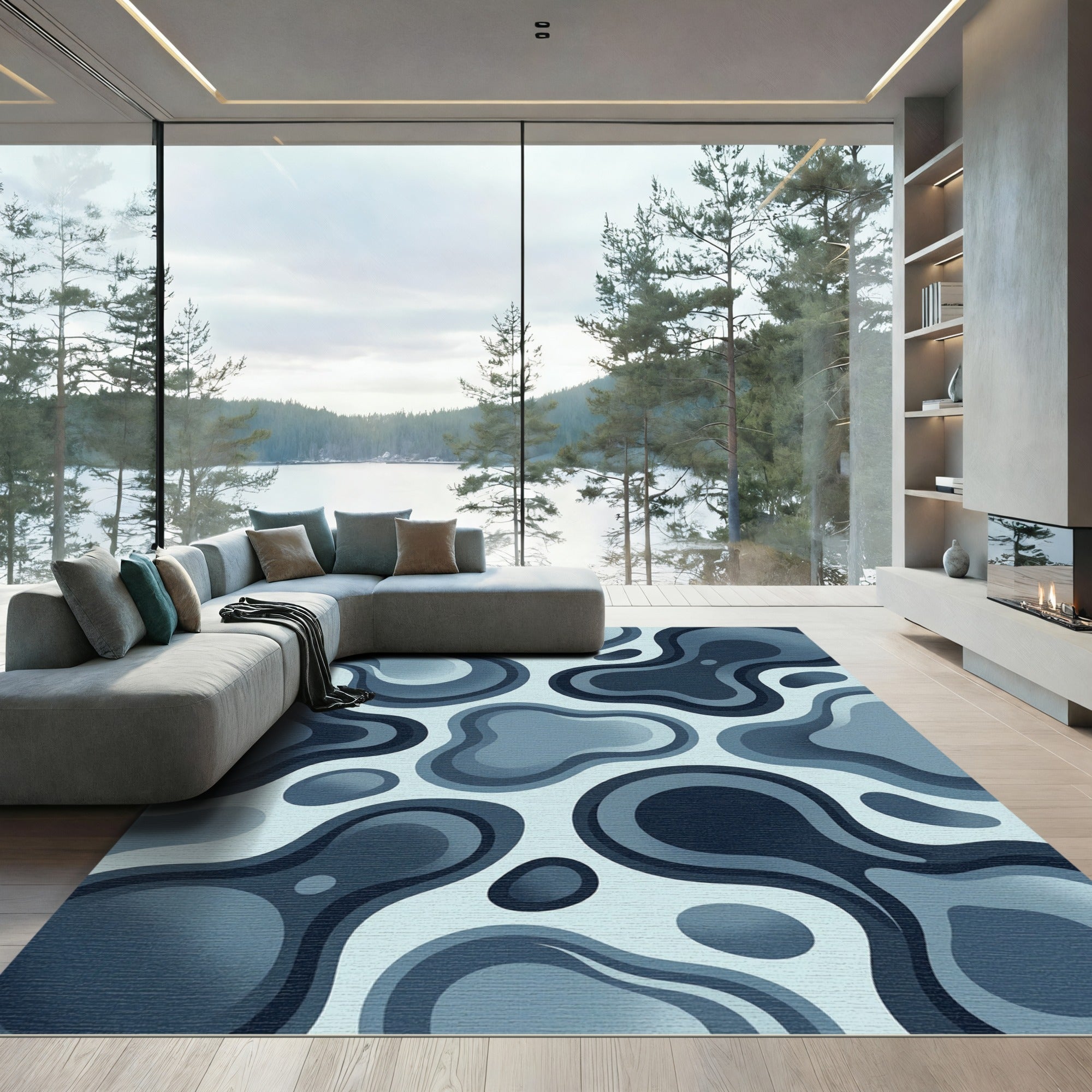 Modern Organic Blue Liquid Abstract Rug
