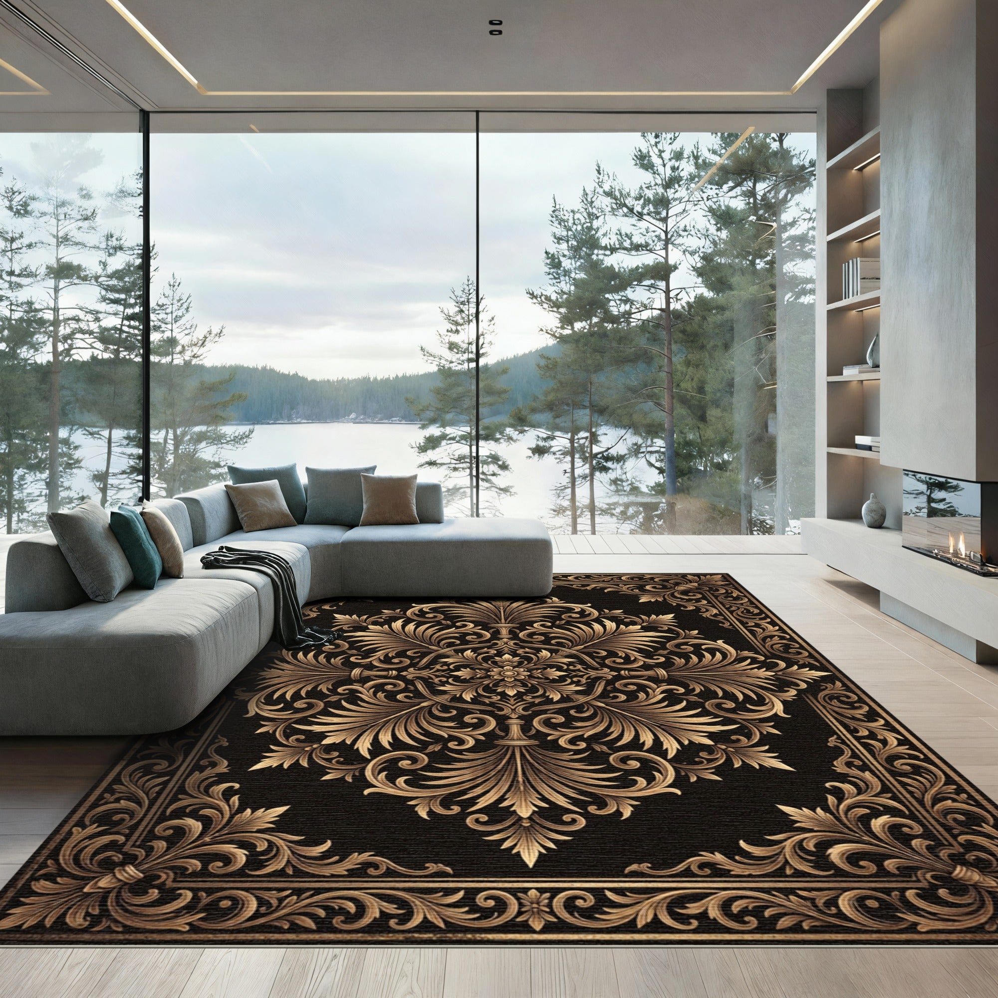 Ornate Gold Filigree Damask Scroll Rug