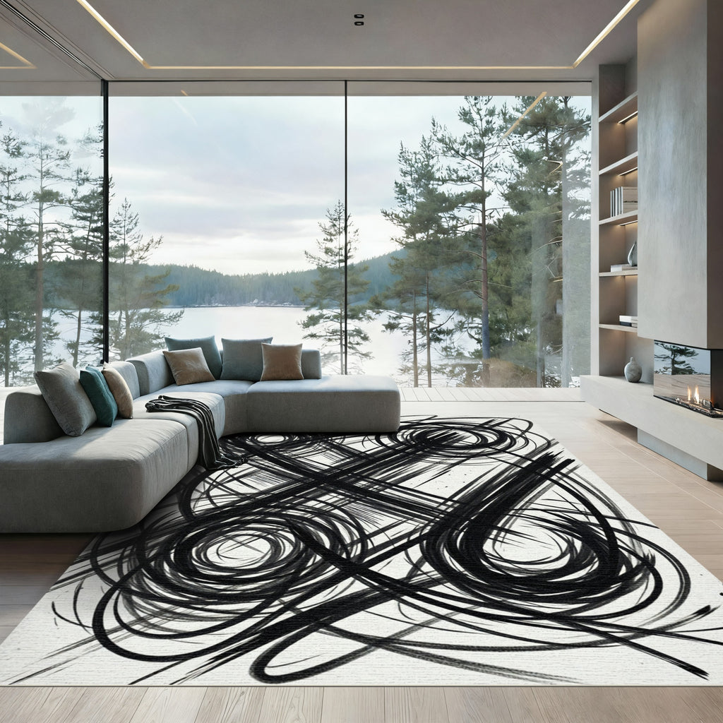 Monochrome Abstract Swirl Brushstroke Rug