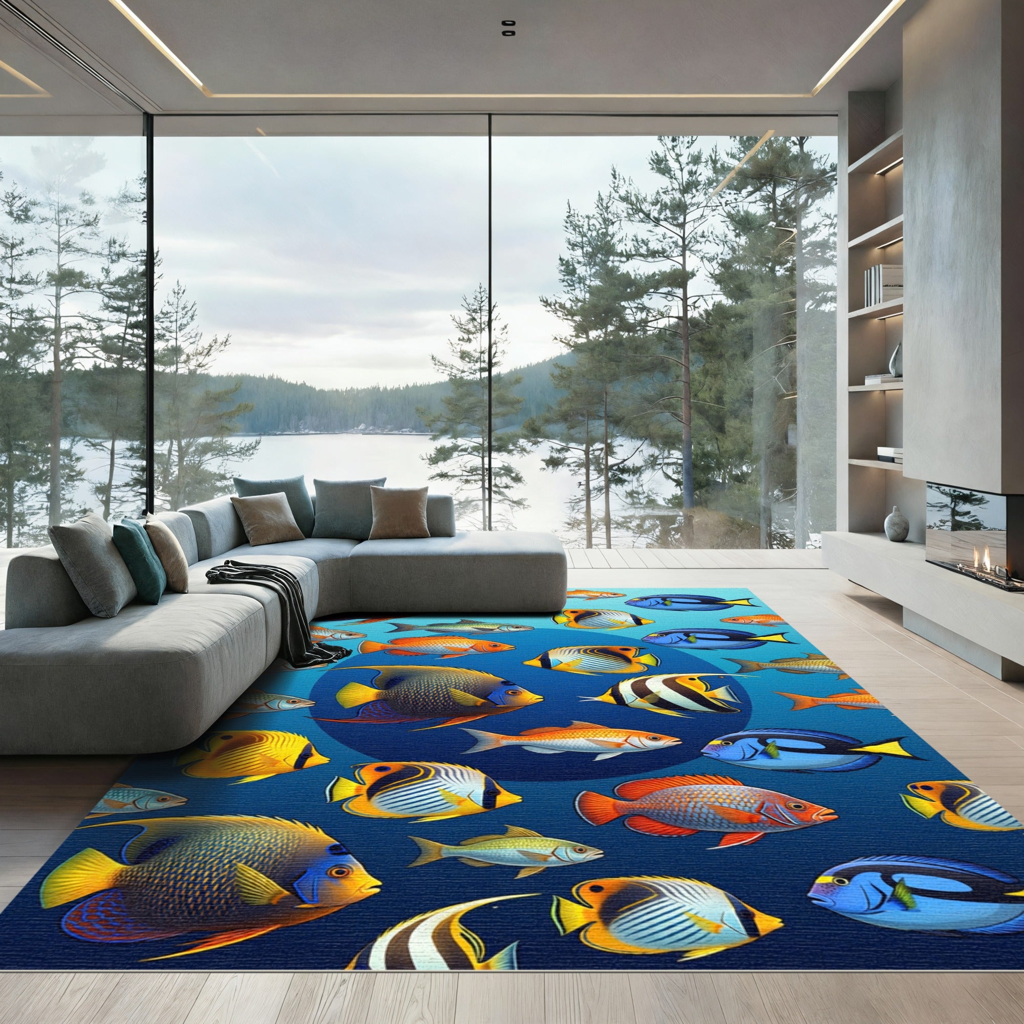 Oceanic Fish School Blue Aquatic Tapestry Rug