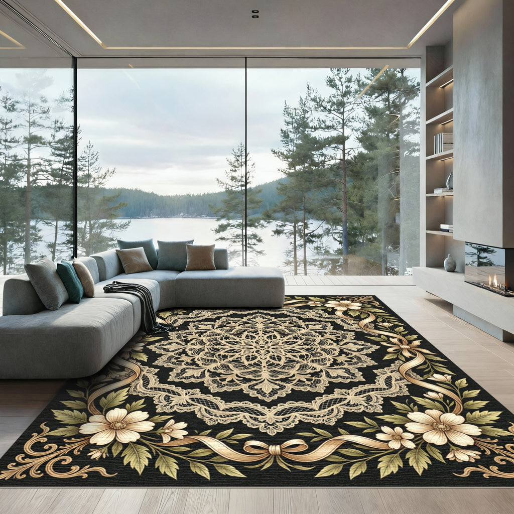 Cream Lace Floral Ribbon Frame Rug