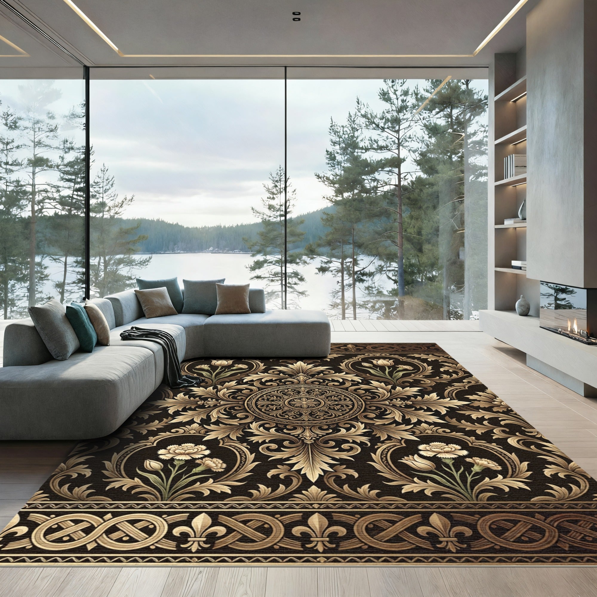 Ornate Gold Floral Scrollwork Tapestry Rug